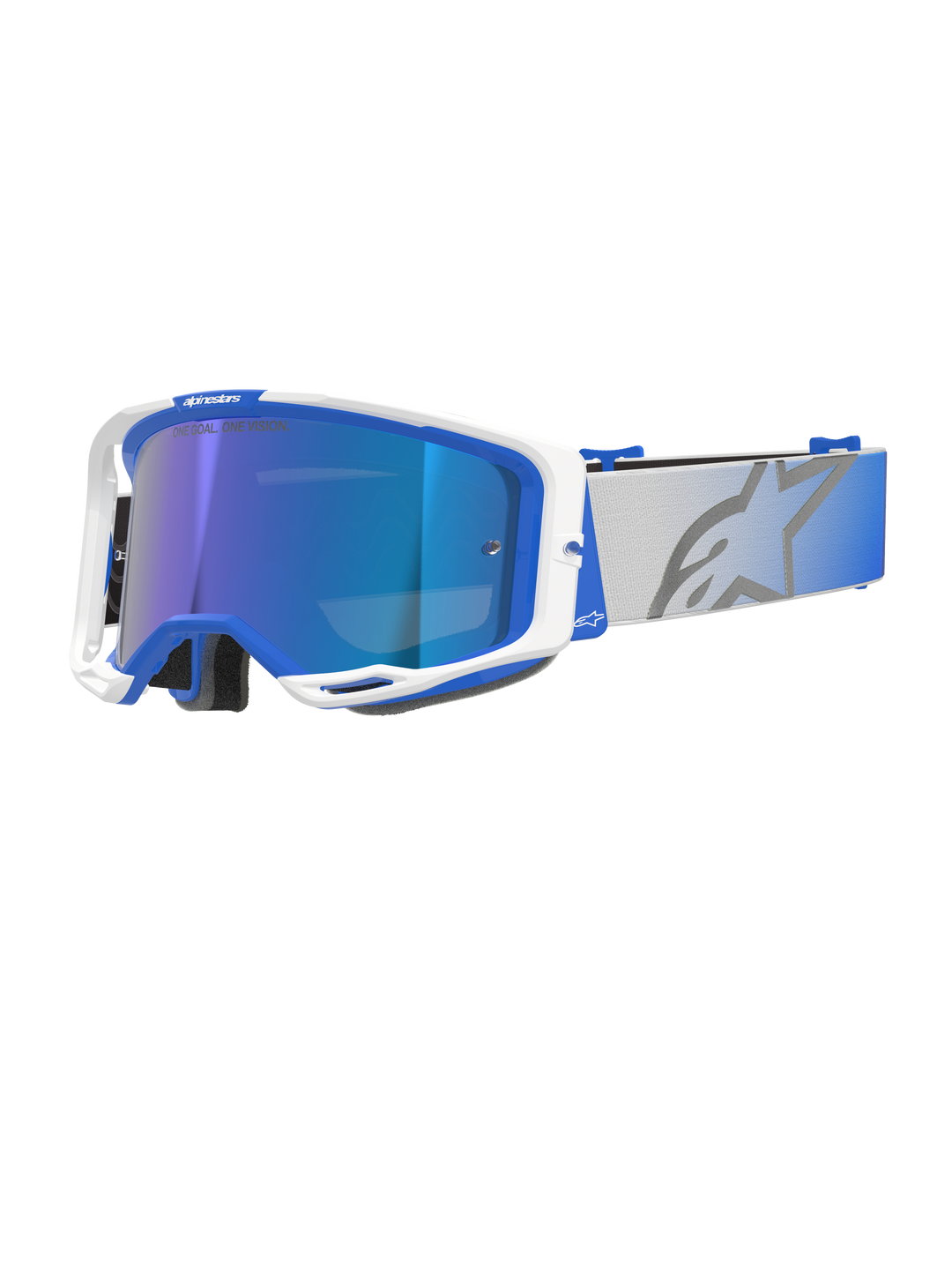 Alpinestars Vision 8 Corp Goggles, occhiali da motocross, montatura blu e bianca, lente Mirror Blue riflettente con tonalità viola, ampio cinturino grigio regolabile con sfumatura blu e grande logo a stella, dotati di ventilazione RAM-AIR e branding "ONE GOAL. ONE VISION."