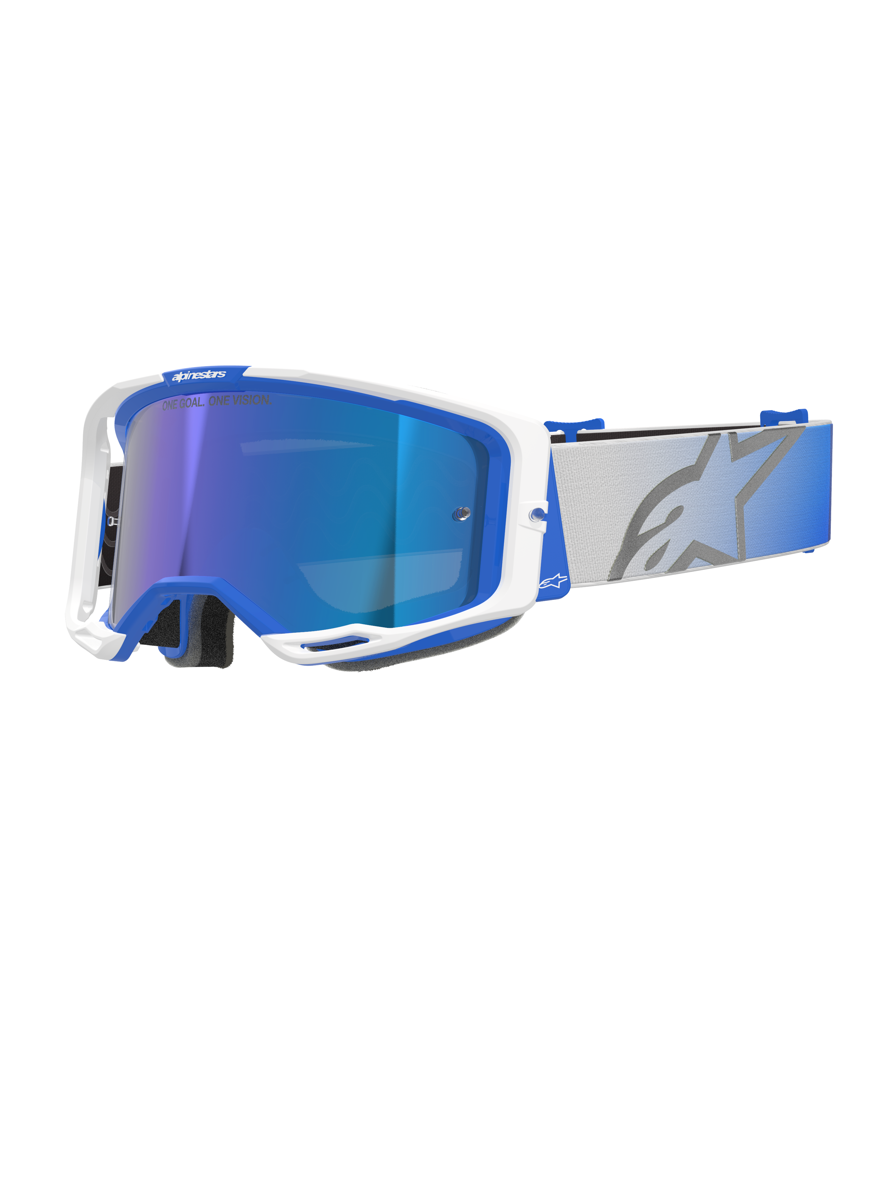 Alpinestars Vision 8 Corp Goggles, occhiali da motocross, montatura blu e bianca, lente Mirror Blue riflettente con tonalità viola, ampio cinturino grigio regolabile con sfumatura blu e grande logo a stella, dotati di ventilazione RAM-AIR e branding "ONE GOAL. ONE VISION."