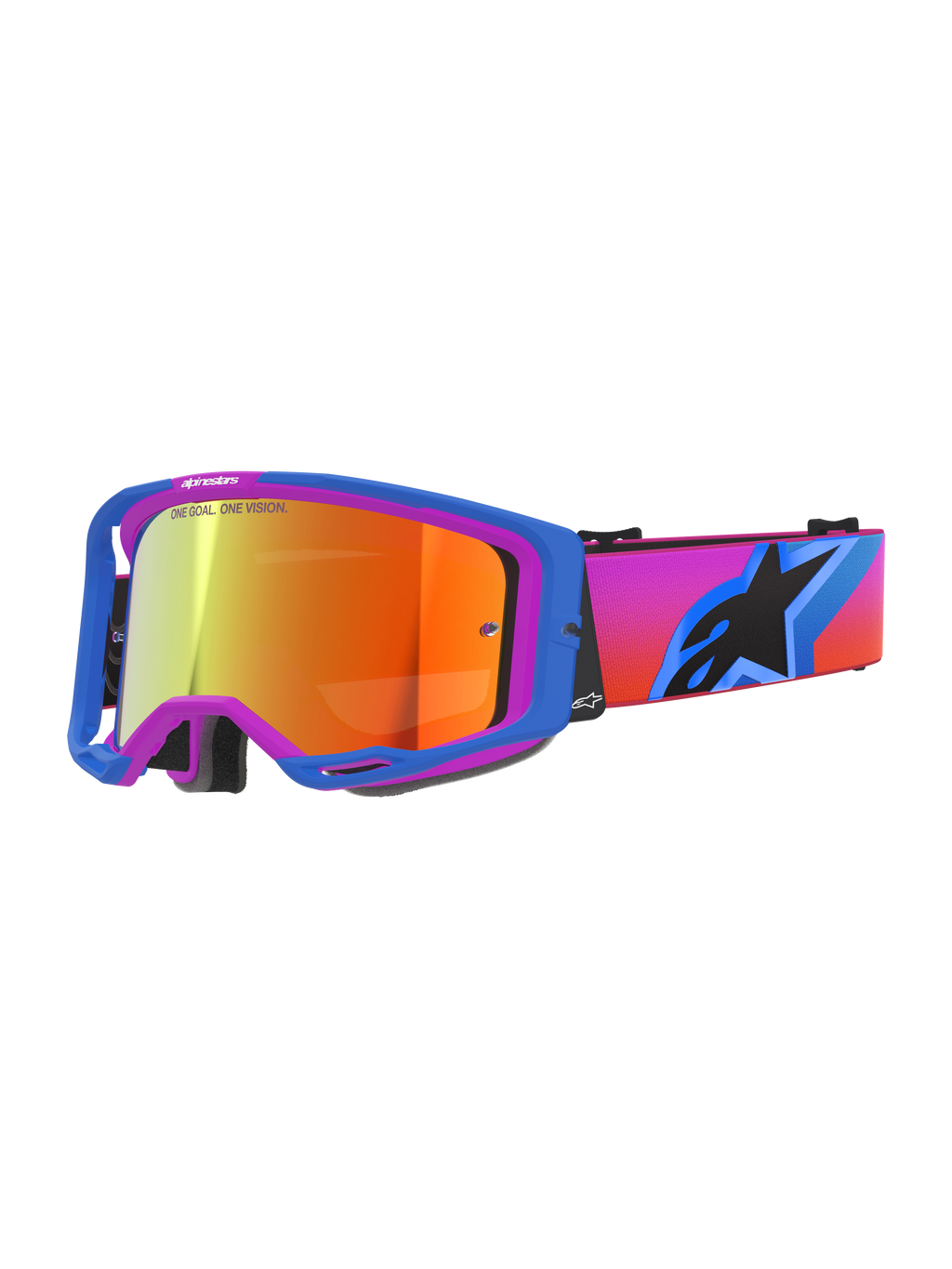 Occhiali Alpinestars Vision 8 Corp, occhiali da motocross con montatura A-FLEX blu e viola, lente specchiata arancione con marchio 'ONE GOAL. ONE VISION.', cinturino sfumato dal rosa all'arancione con grande logo a stella nero, protezione oculare per fuoristrada ad alte prestazioni