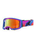 Occhiali Alpinestars Vision 8 Corp, occhiali da motocross con montatura A-FLEX blu e viola, lente specchiata arancione con marchio 'ONE GOAL. ONE VISION.', cinturino sfumato dal rosa all'arancione con grande logo a stella nero, protezione oculare per fuoristrada ad alte prestazioni