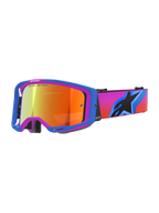 Occhiali Alpinestars Vision 8 Corp, occhiali da motocross con montatura A-FLEX blu e viola, lente specchiata arancione con marchio 'ONE GOAL. ONE VISION.', cinturino sfumato dal rosa all'arancione con grande logo a stella nero, protezione oculare per fuoristrada ad alte prestazioni