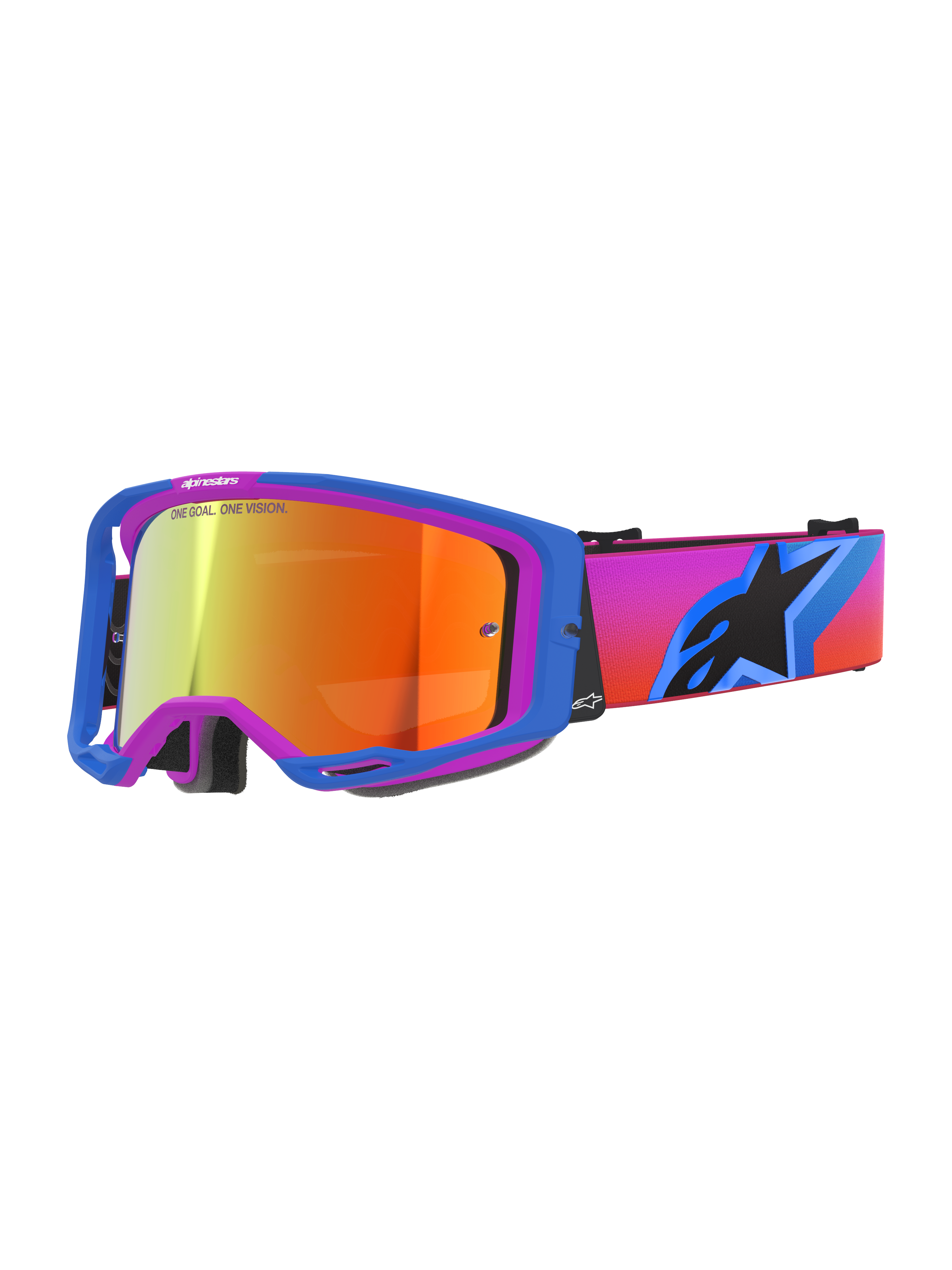 Occhiali Alpinestars Vision 8 Corp, occhiali da motocross con montatura A-FLEX blu e viola, lente specchiata arancione con marchio 'ONE GOAL. ONE VISION.', cinturino sfumato dal rosa all'arancione con grande logo a stella nero, protezione oculare per fuoristrada ad alte prestazioni