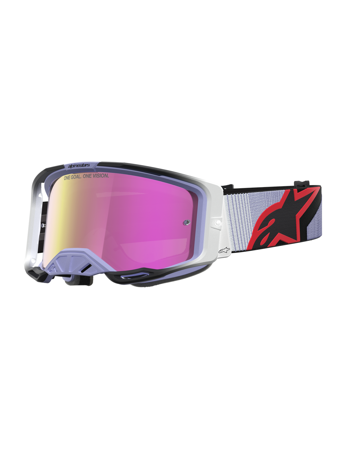 Alpinestars Maschere Vision 8 Maven, maschere da motocross lavanda e nere, con lente rosa specchiata antiappannamento.