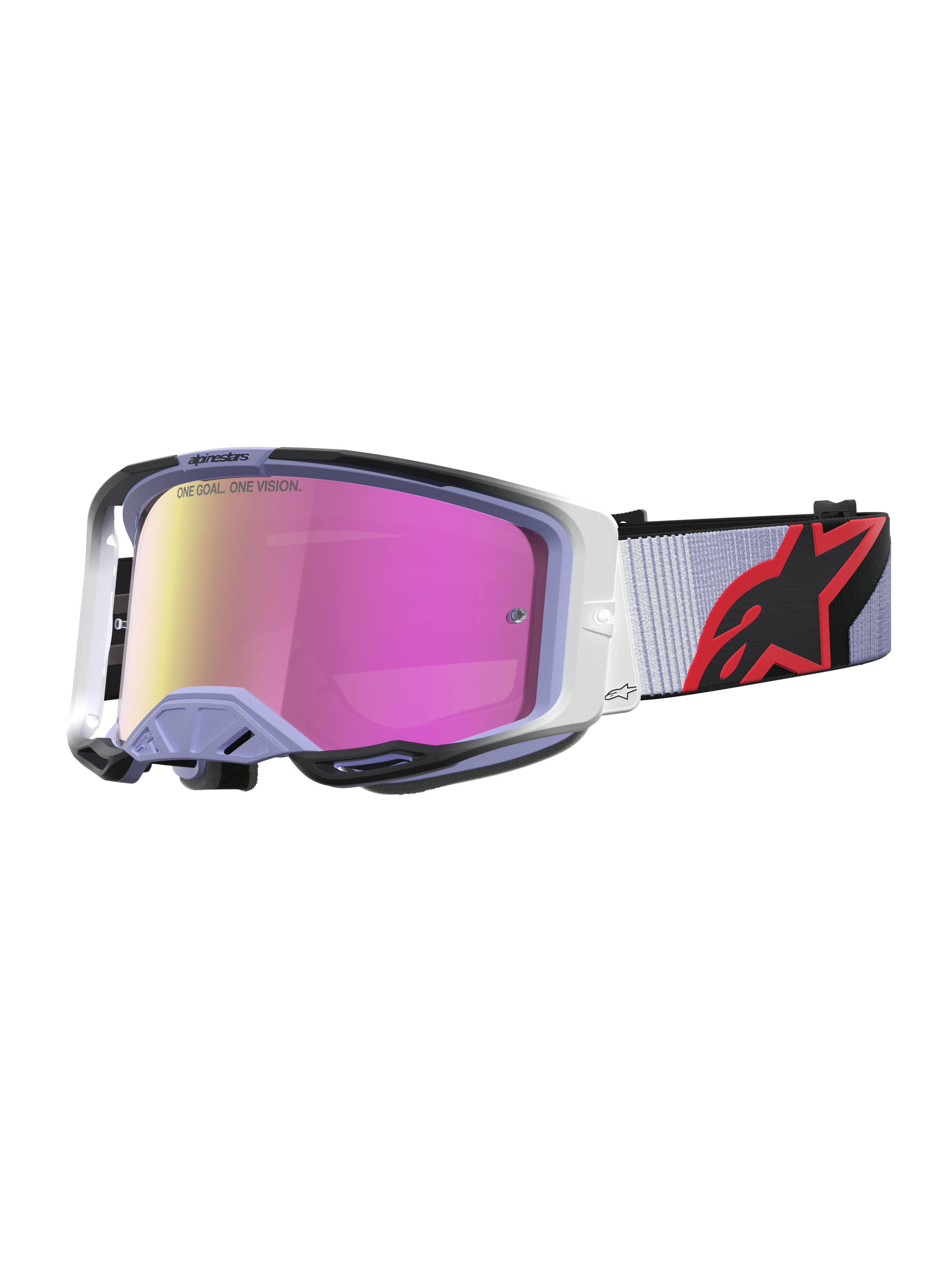 Alpinestars Maschere Vision 8 Maven, maschere da motocross lavanda e nere, con lente rosa specchiata antiappannamento.