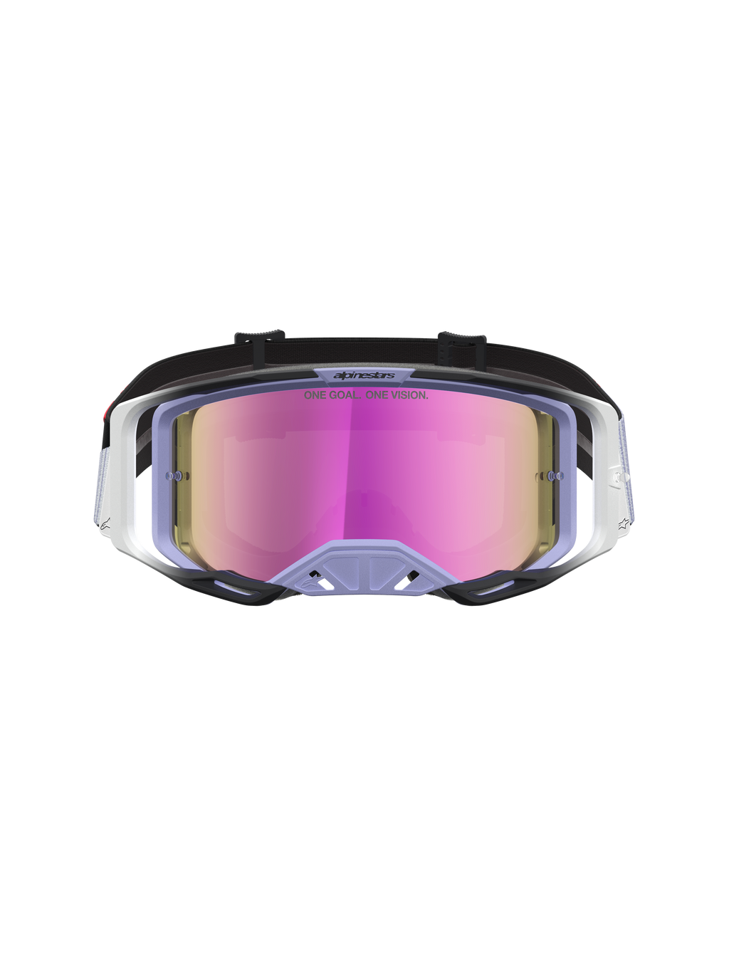 Alpinestars Maschere Vision 8 Maven, maschere da motocross, lavanda e nero, lente rosa specchiato antiappannamento, telaio A-FLEX e ventilazione RAM-AIR per competizioni off-road.