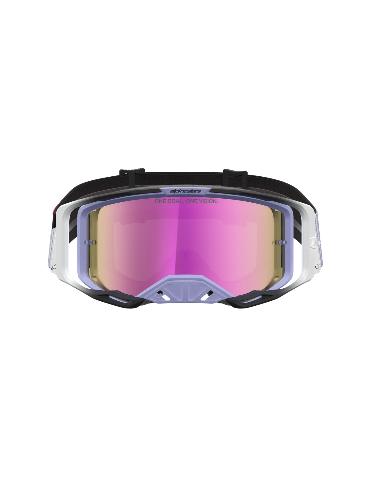 Alpinestars Maschere Vision 8 Maven, maschere da motocross, lavanda e nero, lente rosa specchiato antiappannamento, telaio A-FLEX e ventilazione RAM-AIR per competizioni off-road.