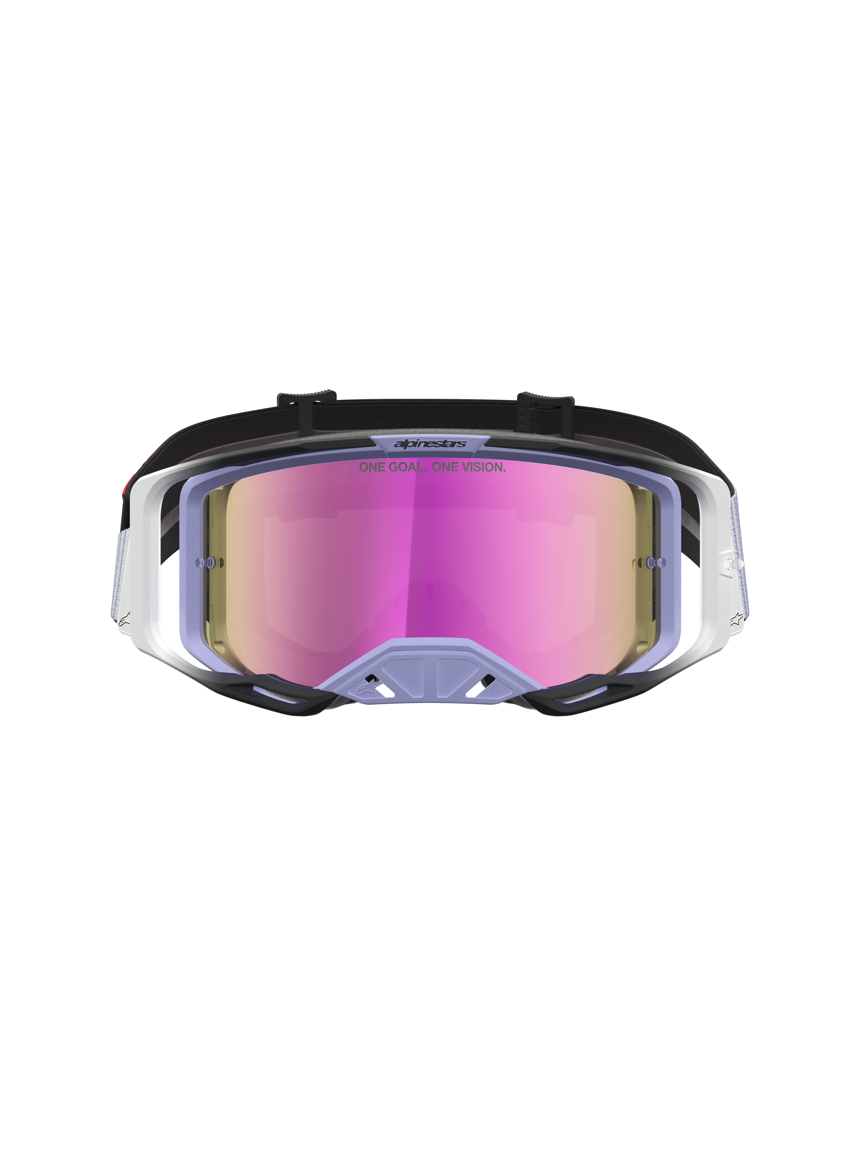 Alpinestars Maschere Vision 8 Maven, maschere da motocross, lavanda e nero, lente rosa specchiato antiappannamento, telaio A-FLEX e ventilazione RAM-AIR per competizioni off-road.