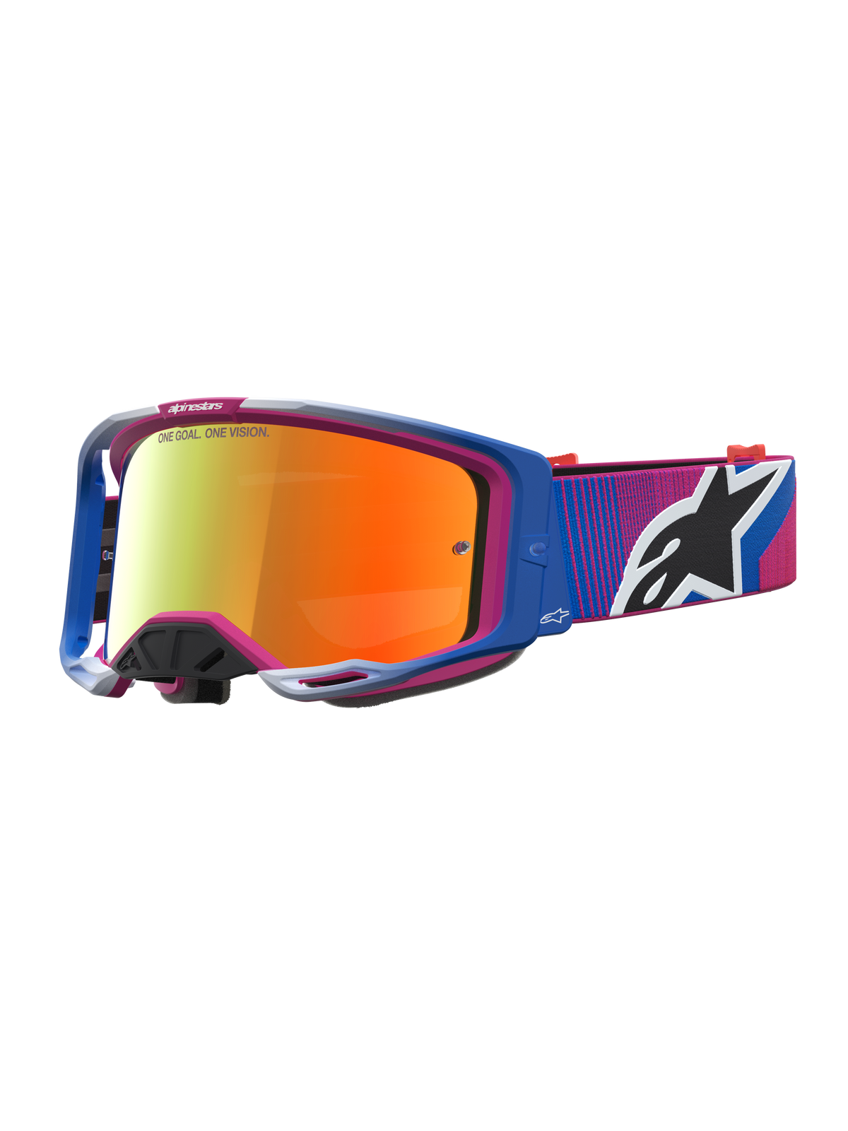 Alpinestars maschere Vision 8 Maven, maschere da motocross, blu e rosa con lente a specchio rossa e telaio A-FLEX leggero.