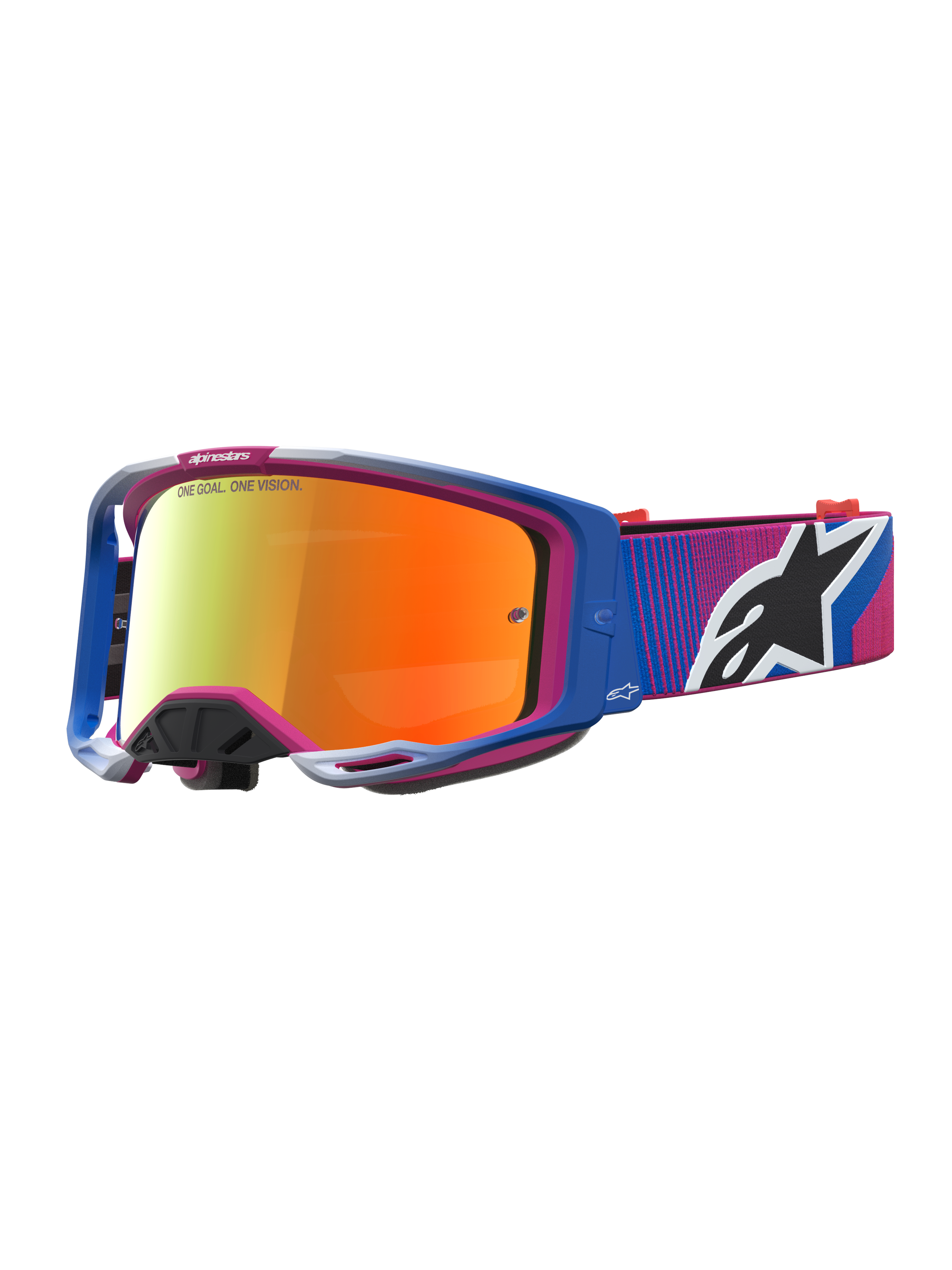 Alpinestars maschere Vision 8 Maven, maschere da motocross, blu e rosa con lente a specchio rossa e telaio A-FLEX leggero.