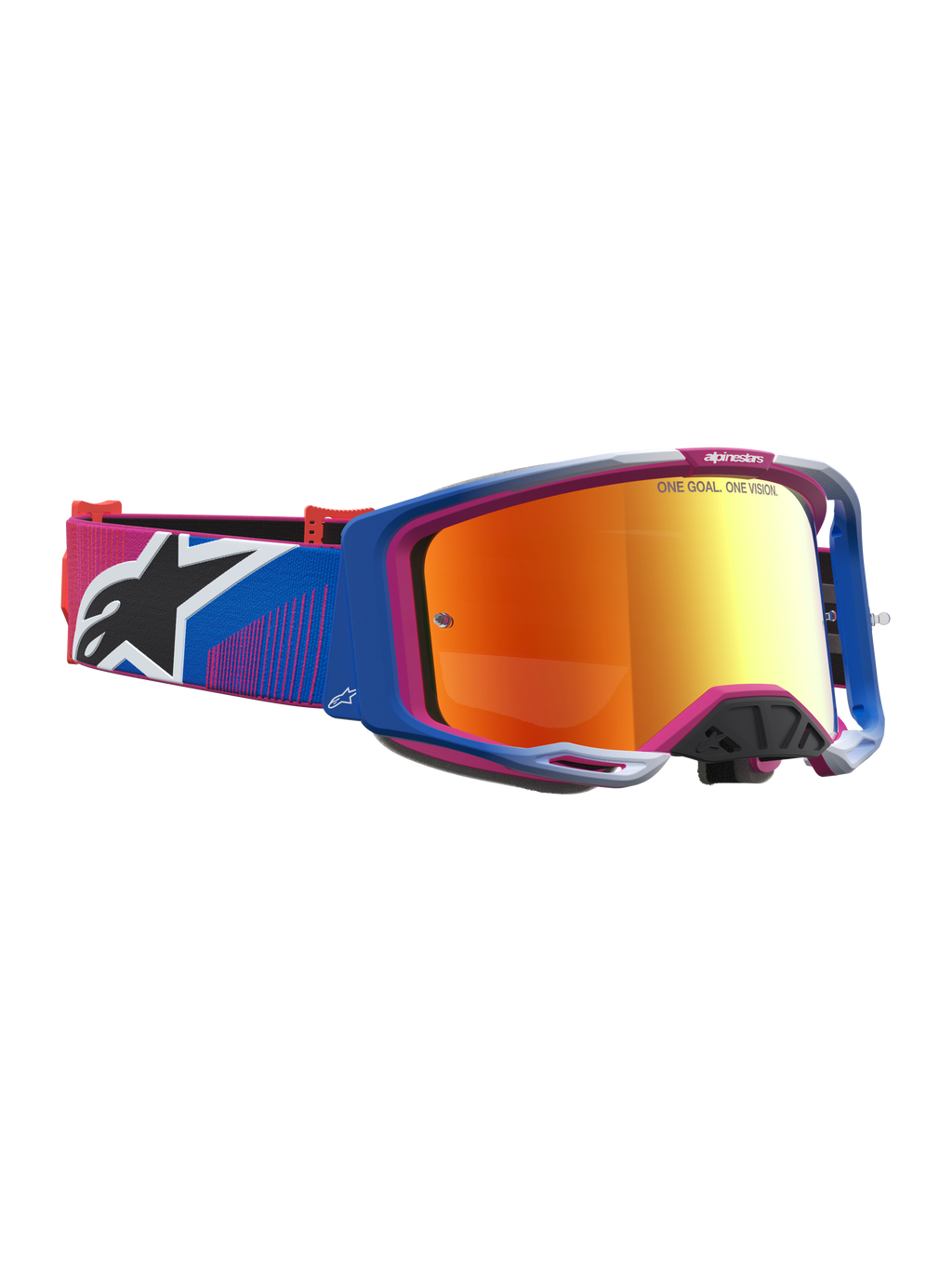 Alpinestars Maschere Vision 8 Maven, maschere da motocross con telaio A-FLEX blu e rosa e lente a specchio rosso fuoco