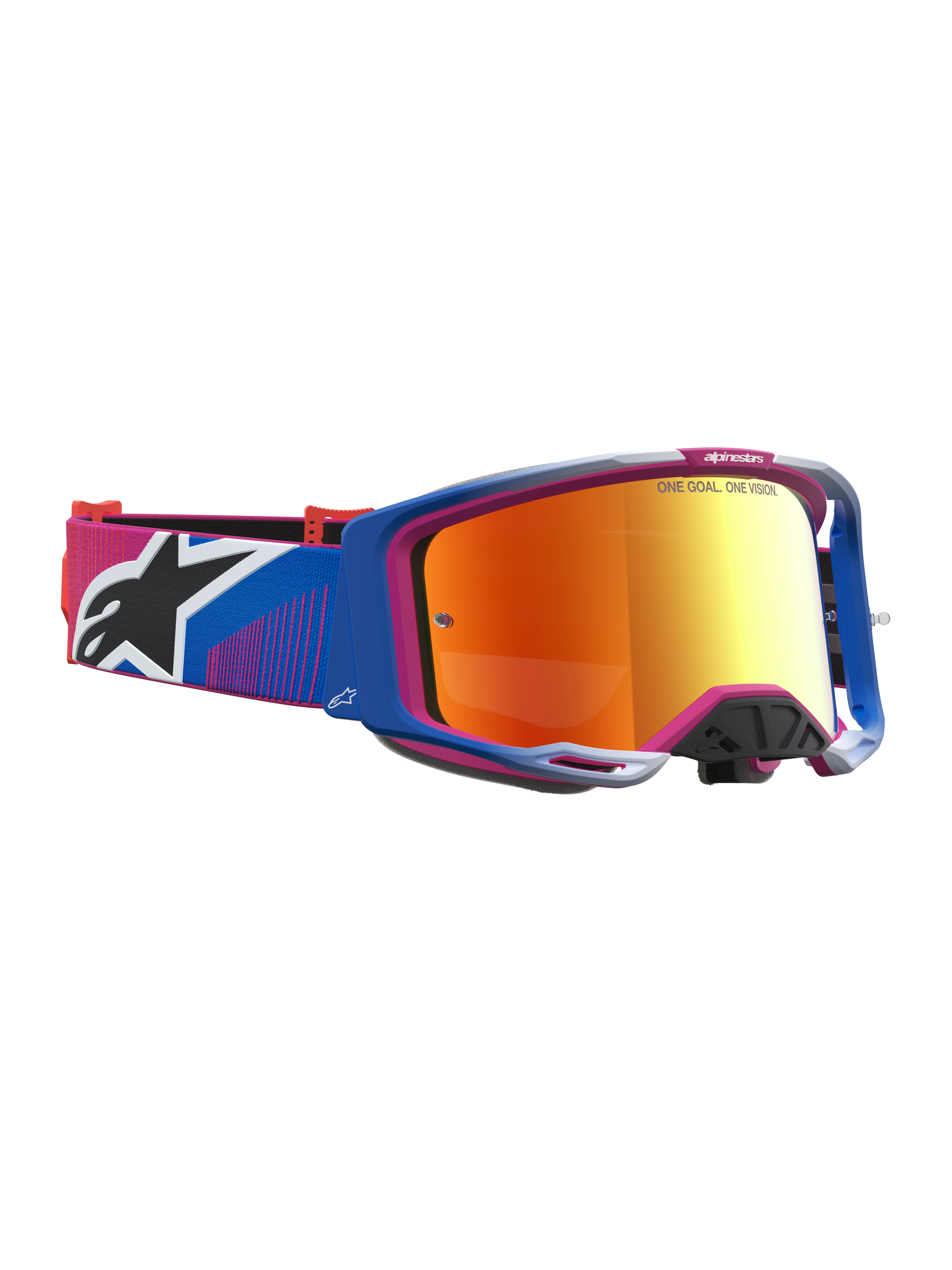 Alpinestars Maschere Vision 8 Maven, maschere da motocross con telaio A-FLEX blu e rosa e lente a specchio rosso fuoco