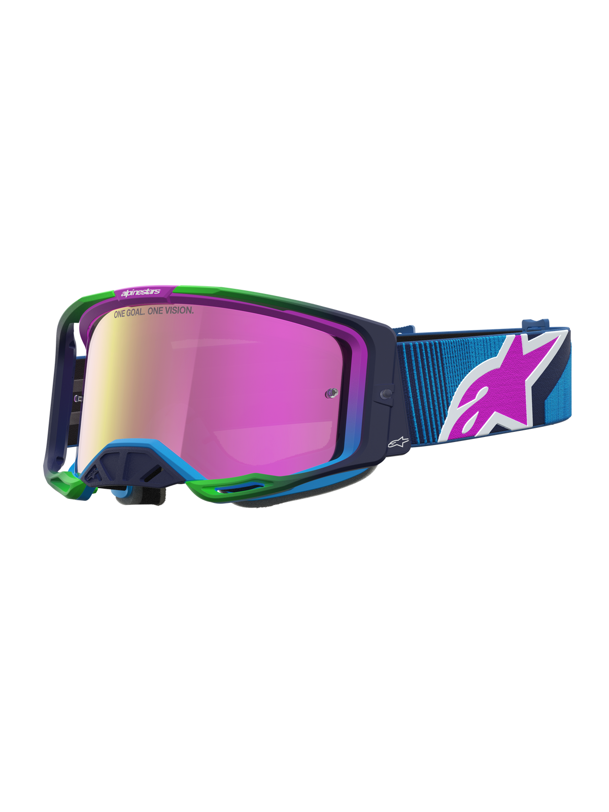 Alpinestars Maschere Vision 8 Maven, maschere MX blu e viola con lente a specchio rosa, telaio A-FLEX e sistema RAM-AIR.