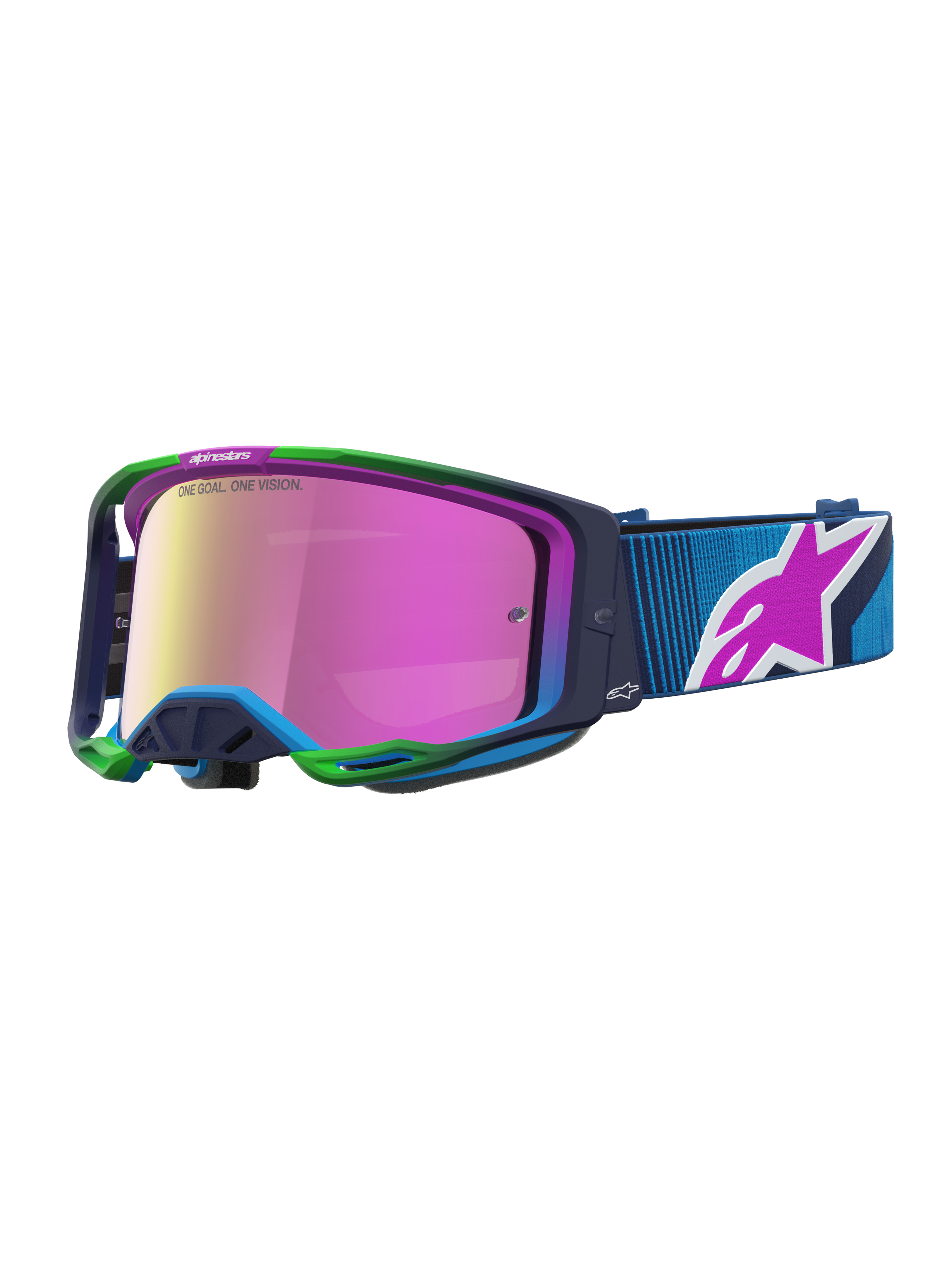Alpinestars Maschere Vision 8 Maven, maschere MX blu e viola con lente a specchio rosa, telaio A-FLEX e sistema RAM-AIR.