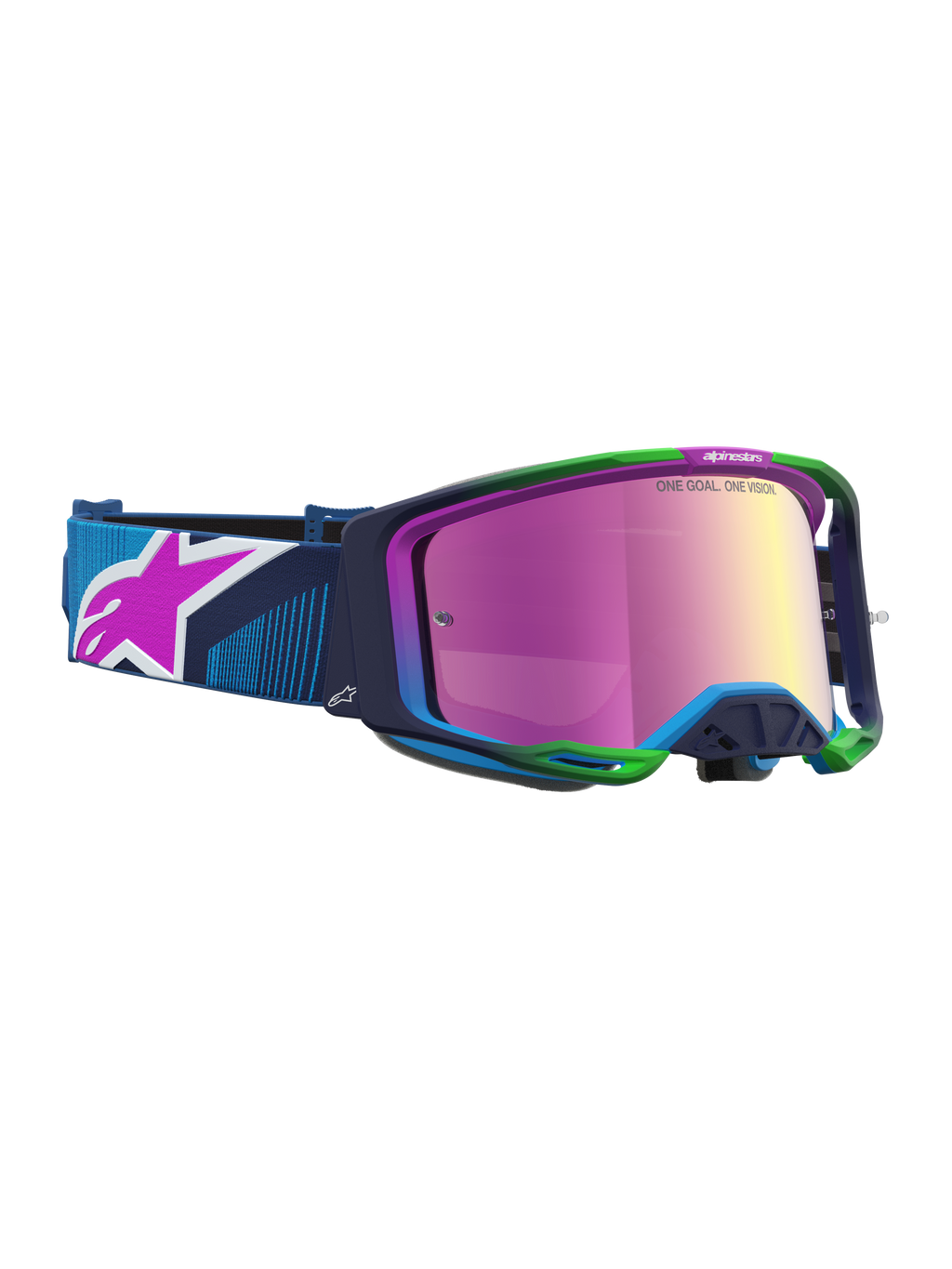 Alpinestars Maschere Vision 8 Maven, maschere da motocross, blu e verdi, lente a specchio rosa, telaio A-FLEX leggero e sistema di ventilazione RAM-AIR, elastico blu con logo rosa, per fuoristrada