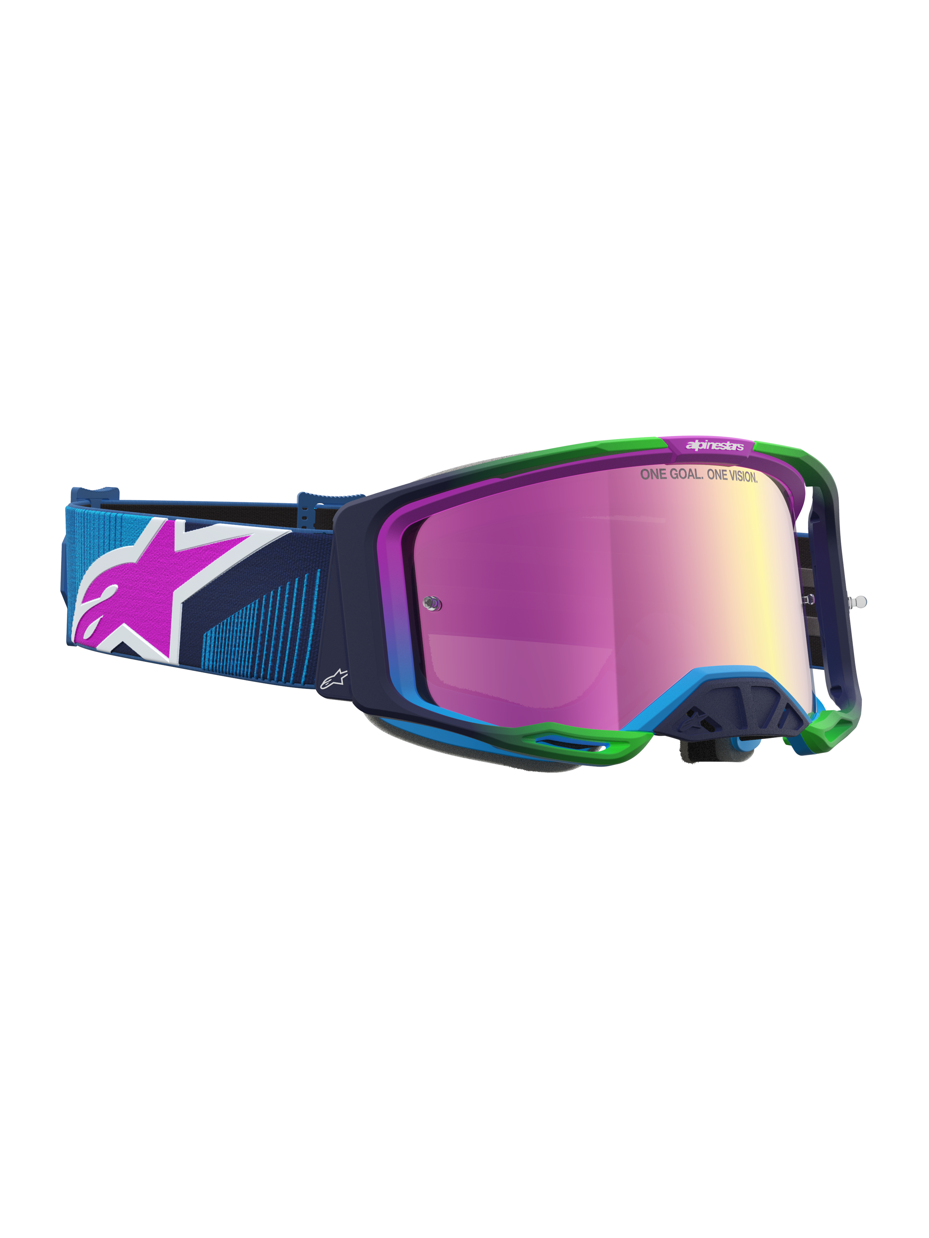 Alpinestars Maschere Vision 8 Maven, maschere da motocross, blu e verdi, lente a specchio rosa, telaio A-FLEX leggero e sistema di ventilazione RAM-AIR, elastico blu con logo rosa, per fuoristrada