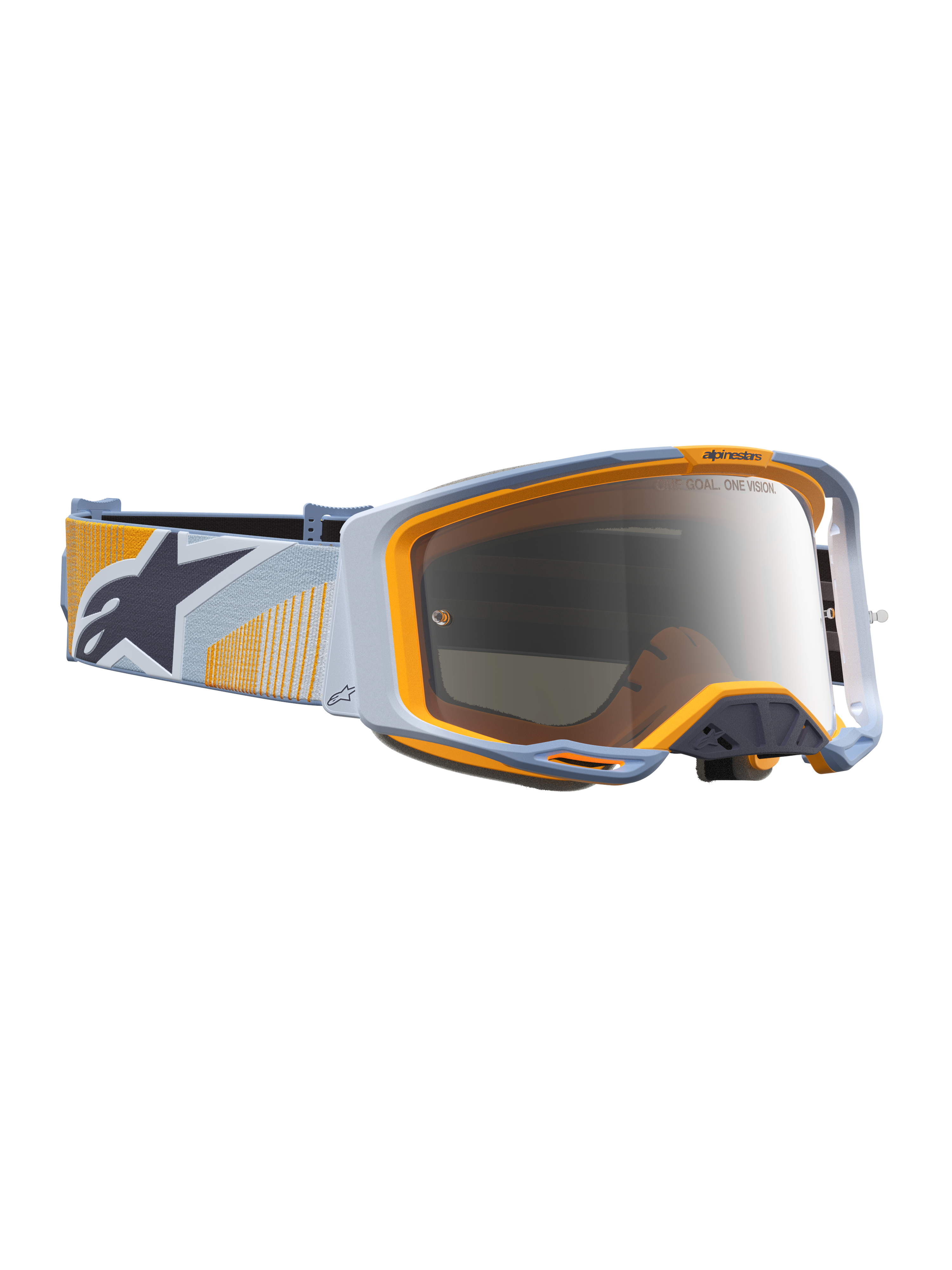 Alpinestars Maschere Vision 8 Maven, maschere da motocross blu e arancione con lenti argento specchiate.