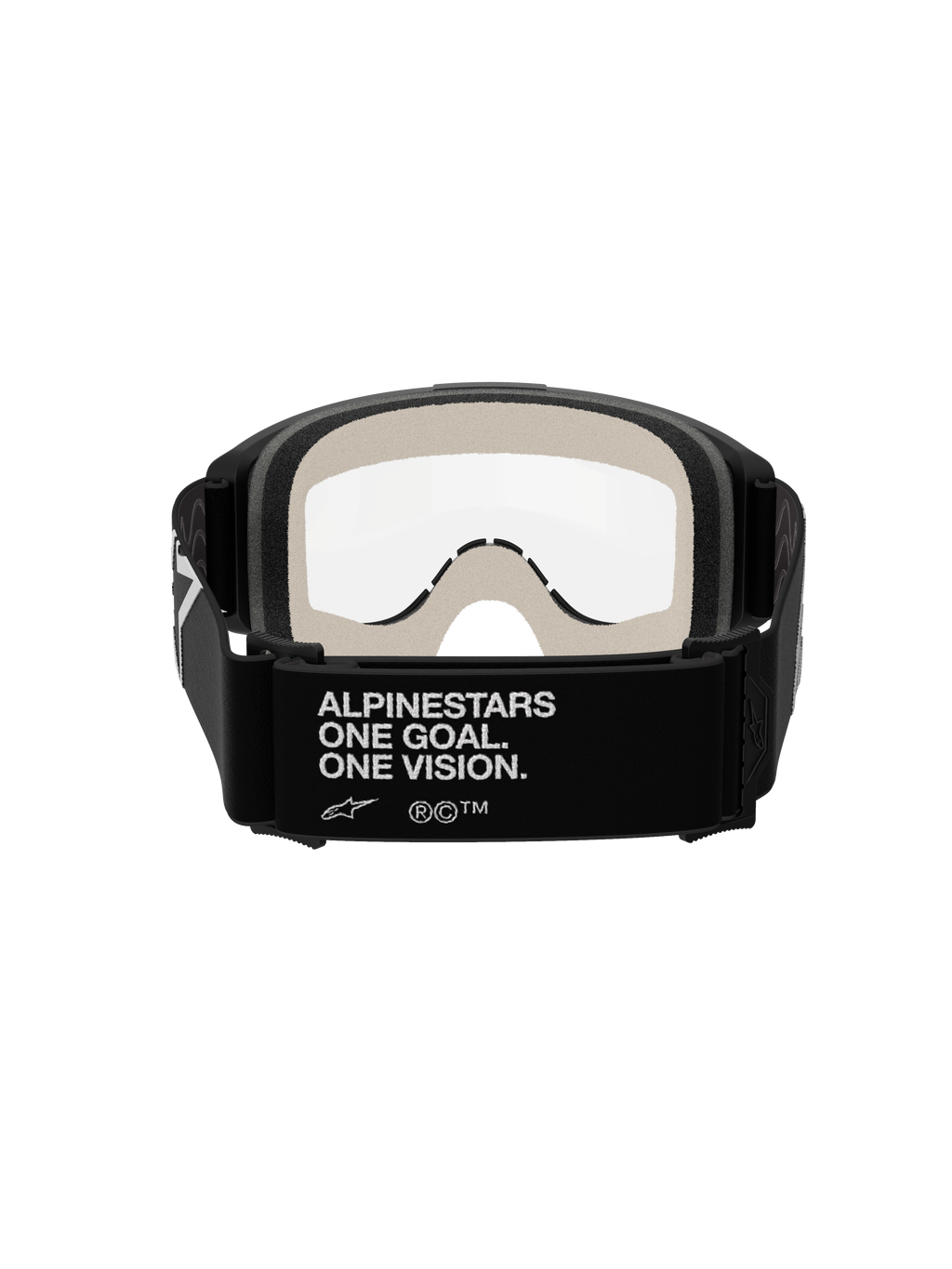 Alpinestars Vision 5 Corp Goggles, occhiali da motocross, nero e trasparente, vista posteriore che mostra la fascia nera con il marchio bianco 'ALPINESTARS ONE GOAL. ONE VISION.', schiuma facciale grigio chiaro e lente antiappannamento trasparente.