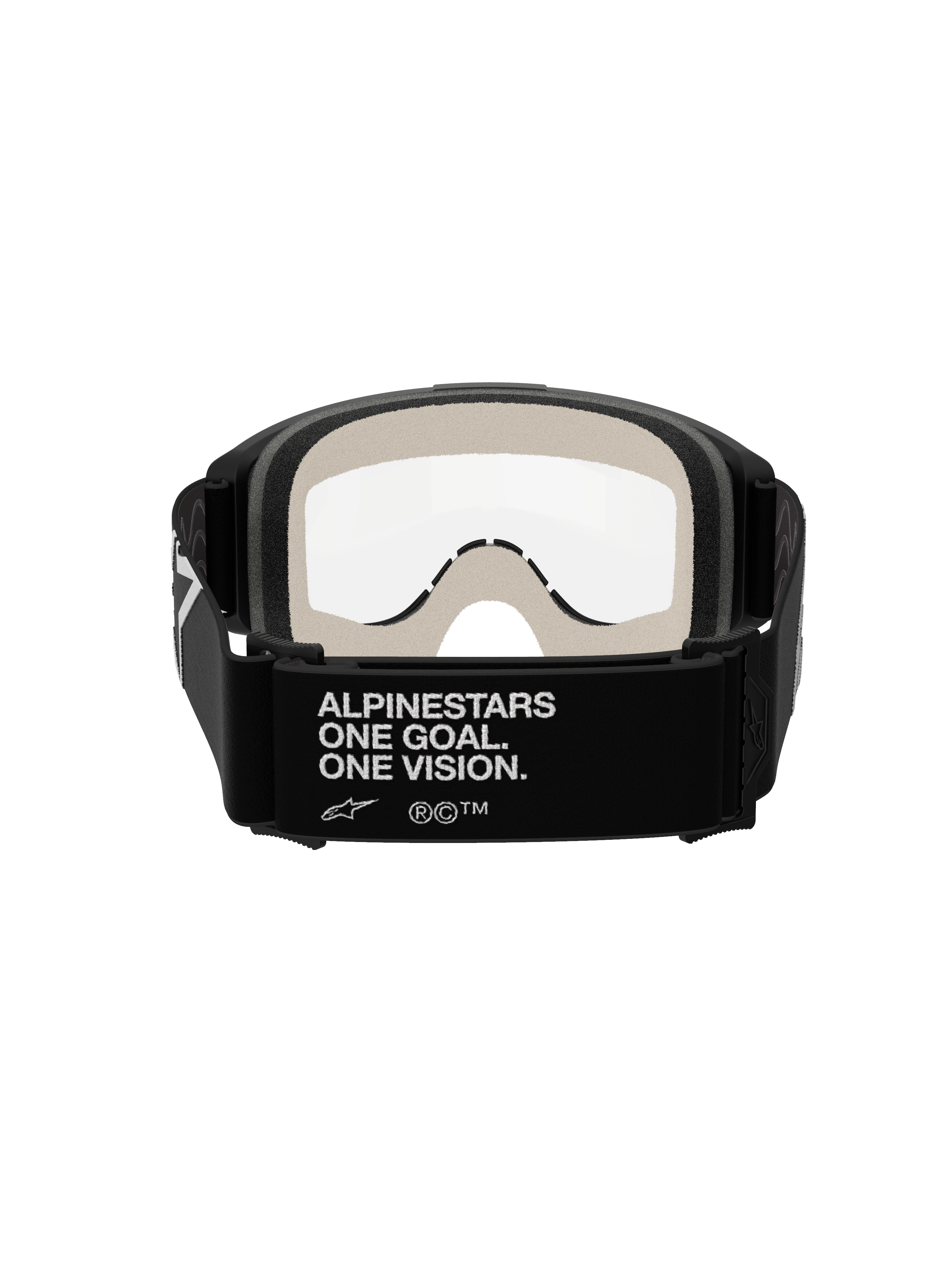Alpinestars Vision 5 Corp Goggles, occhiali da motocross, nero e trasparente, vista posteriore che mostra la fascia nera con il marchio bianco 'ALPINESTARS ONE GOAL. ONE VISION.', schiuma facciale grigio chiaro e lente antiappannamento trasparente.