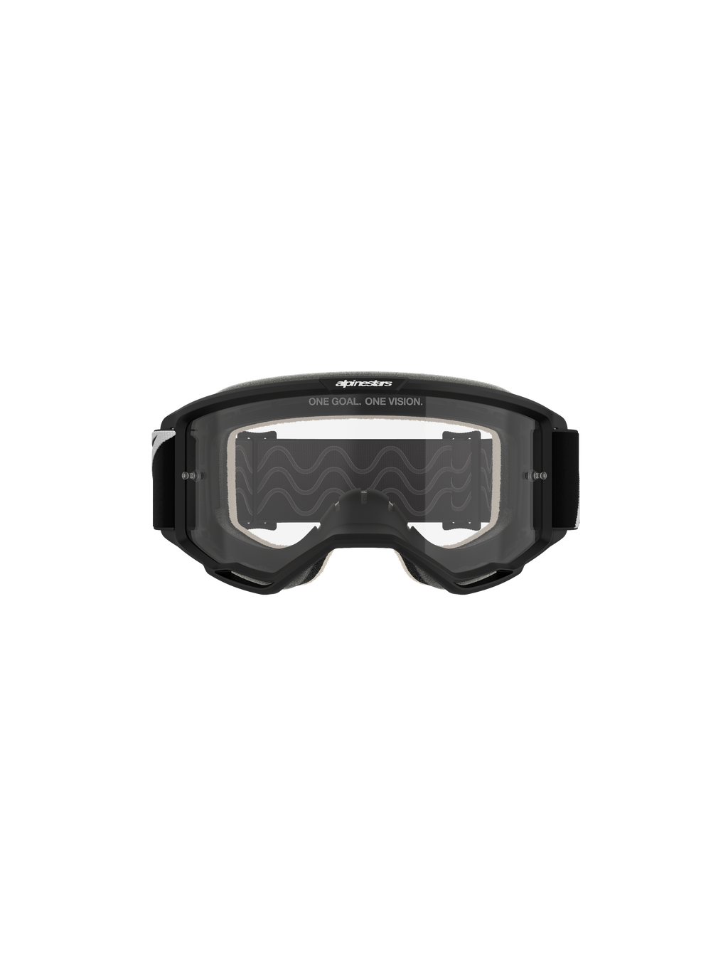 Alpinestars Vision 5 Corp Goggles, occhiali da motocross, montatura nera con lente trasparente, vista frontale, con scritta 'ONE GOAL. ONE VISION.' sulla parte superiore, design ad ampio campo visivo per gare fuoristrada