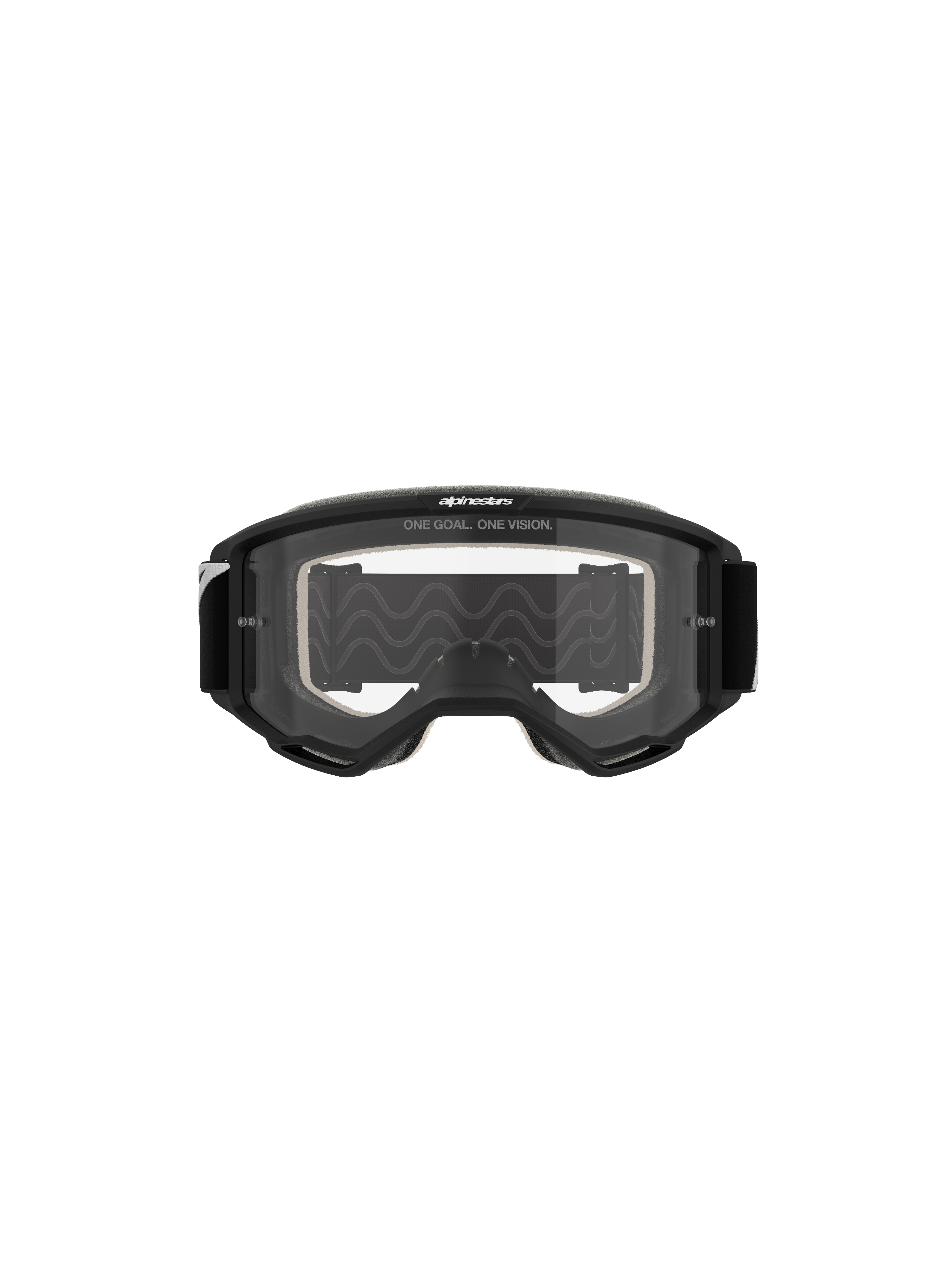 Alpinestars Vision 5 Corp Goggles, occhiali da motocross, montatura nera con lente trasparente, vista frontale, con scritta 'ONE GOAL. ONE VISION.' sulla parte superiore, design ad ampio campo visivo per gare fuoristrada