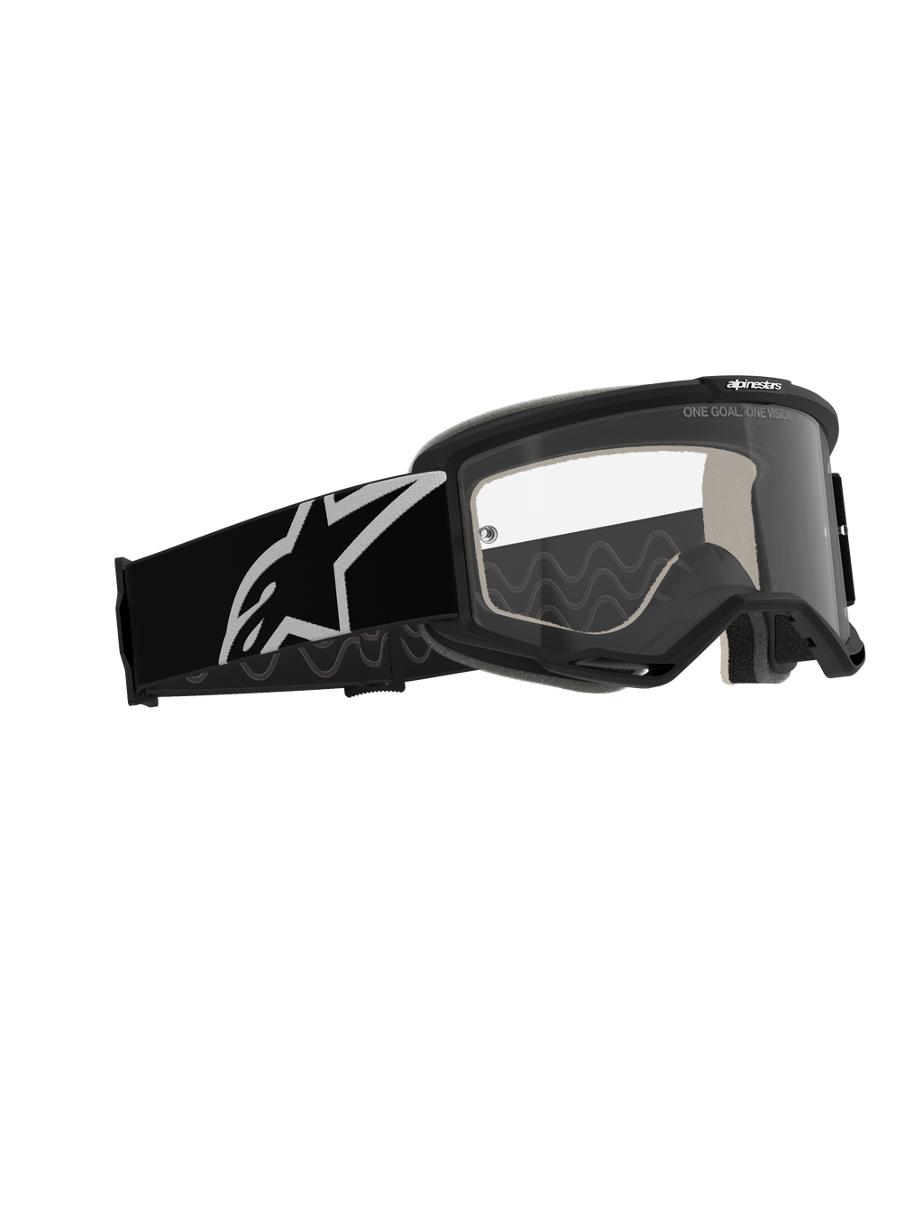 Alpinestars Vision 5 Corp Goggles, occhiali da motocross, montatura nera con lente trasparente antiappannamento, ampia fascia nera con logo Astars bianco, occhiali off-road ad alte prestazioni con ventilazione RAM-AIR