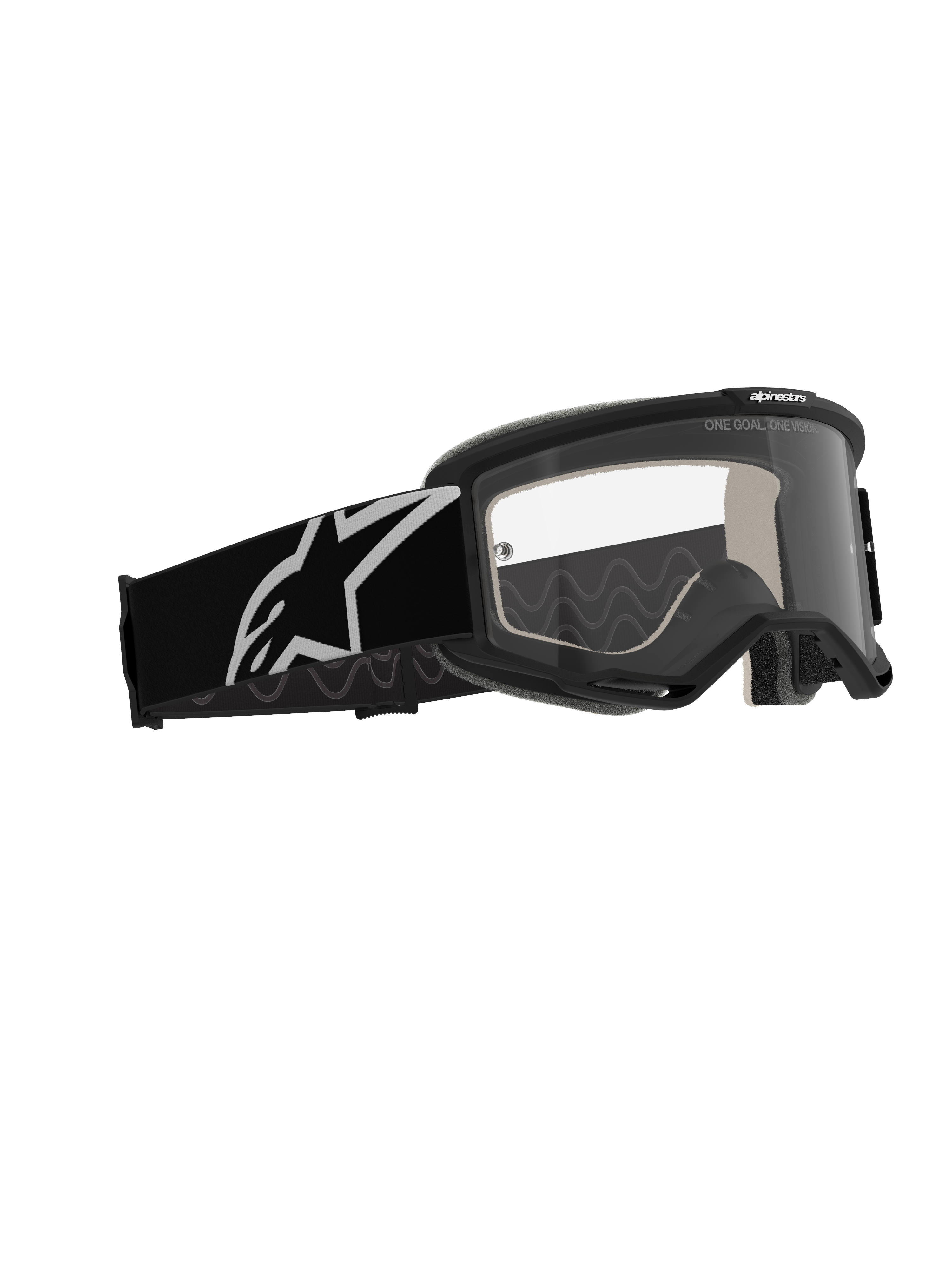 Alpinestars Vision 5 Corp Goggles, occhiali da motocross, montatura nera con lente trasparente antiappannamento, ampia fascia nera con logo Astars bianco, occhiali off-road ad alte prestazioni con ventilazione RAM-AIR