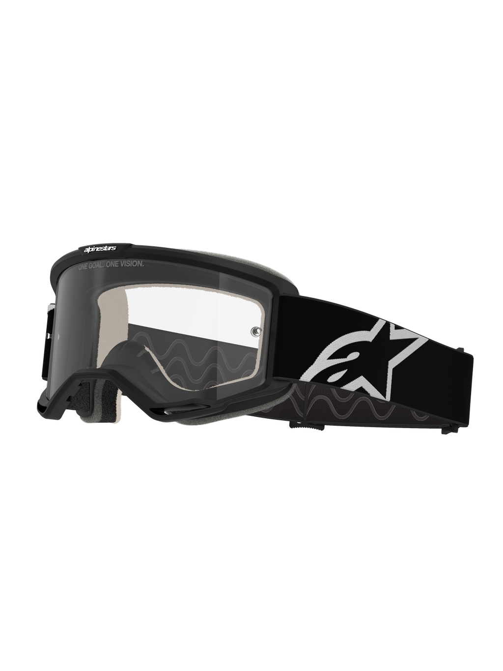 Occhiali Alpinestars Vision 5 Corp, occhiali da motocross, nero e trasparente, con lente trasparente antiappannamento, montatura nera con ventilazione RAM-AIR e ampio cinturino nero con logo a stella bianco, progettati per gare fuoristrada