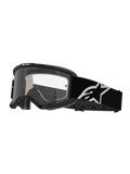 Occhiali Alpinestars Vision 5 Corp, occhiali da motocross, nero e trasparente, con lente trasparente antiappannamento, montatura nera con ventilazione RAM-AIR e ampio cinturino nero con logo a stella bianco, progettati per gare fuoristrada