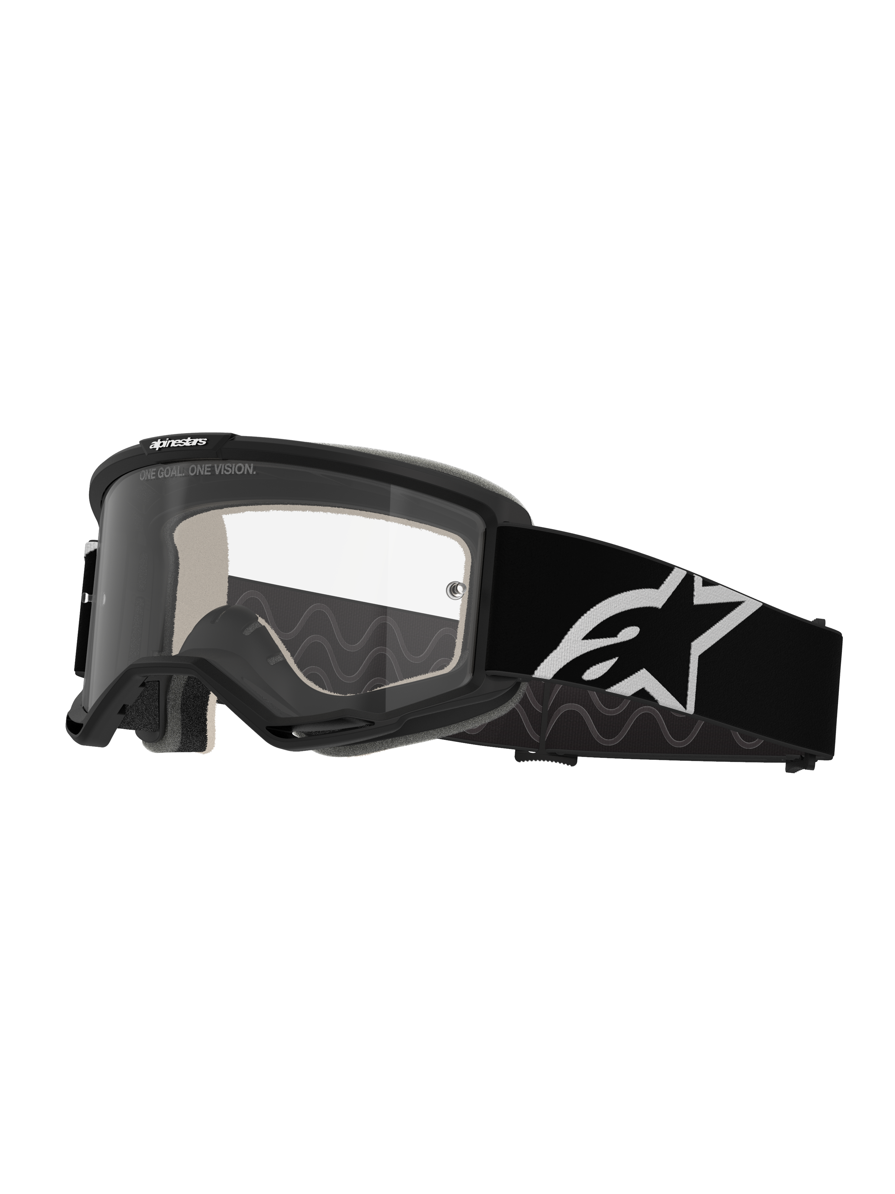 Occhiali Alpinestars Vision 5 Corp, occhiali da motocross, nero e trasparente, con lente trasparente antiappannamento, montatura nera con ventilazione RAM-AIR e ampio cinturino nero con logo a stella bianco, progettati per gare fuoristrada