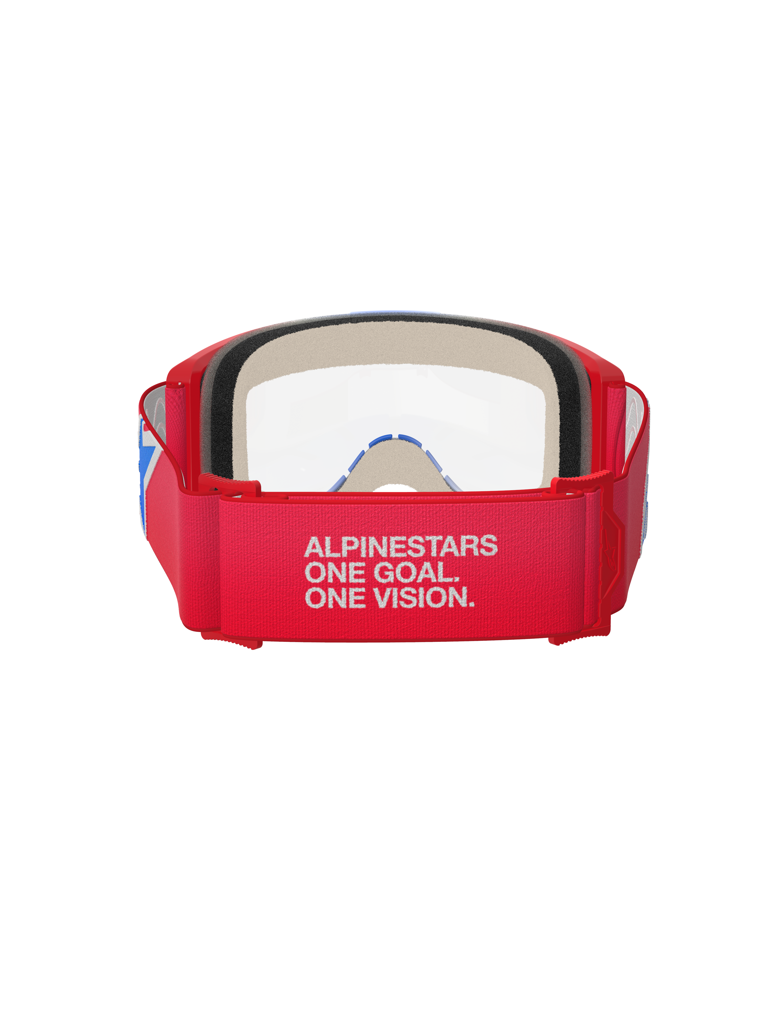 Maschere Alpinestars Vision 5 Corp, maschere da motocross, rosso, bianco e blu con lente trasparente, vista posteriore che mostra l'ampia fascia rossa in tessuto con marchio bianco 'ALPINESTARS ONE GOAL. ONE VISION.', telaio in uretano rosso e spessa imbottitura facciale, progettate per prestazioni professionali fuoristrada