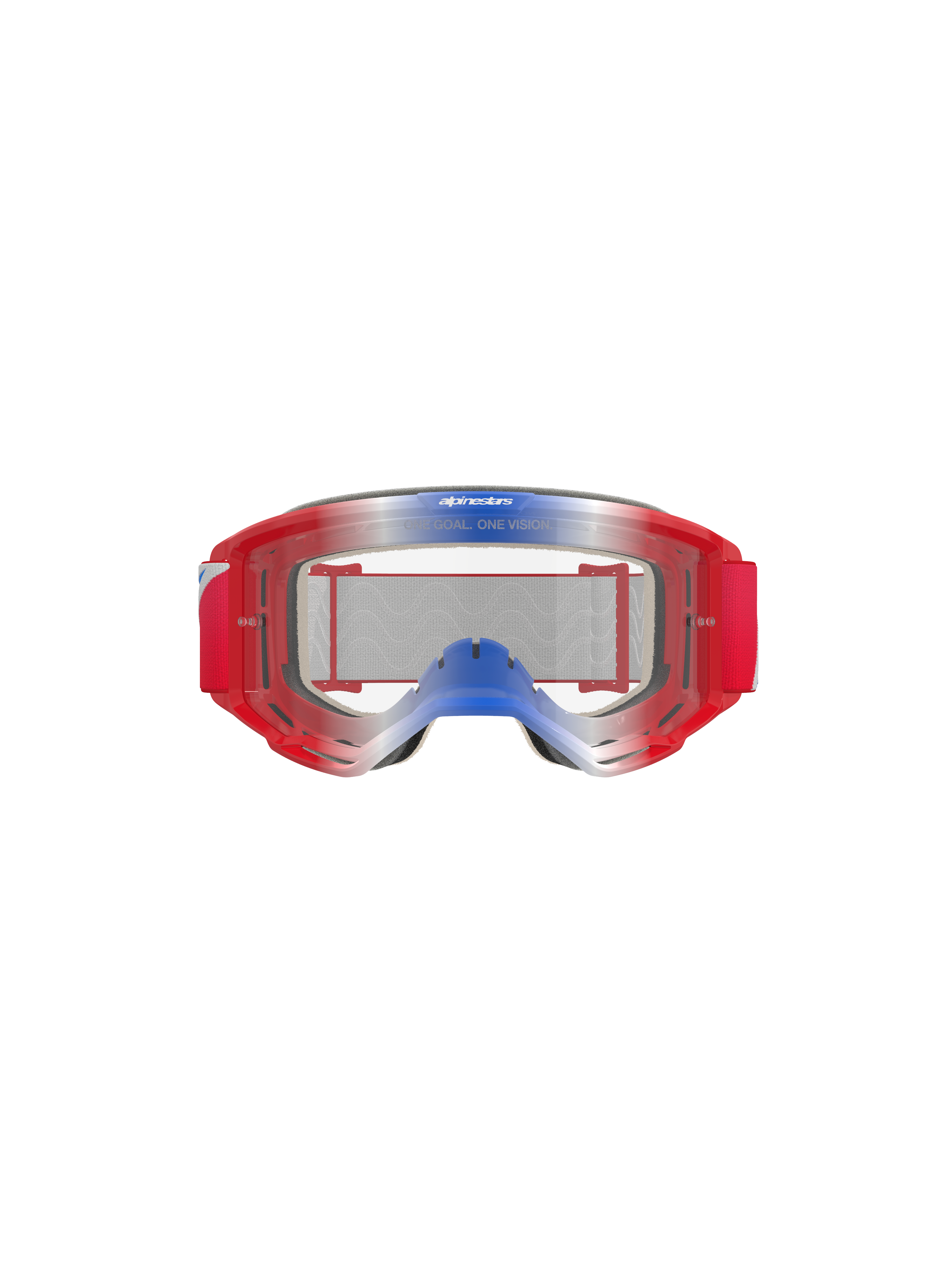 Alpinestars Vision 5 Corp Goggles, maschere da motocross, rosso, bianco e blu con lente trasparente, montatura rossa con sfumature blu e bianche, fascia tessuta rossa, marchio 'ONE GOAL. ONE VISION.' sulla lente, protezione resistente per corse fuoristrada