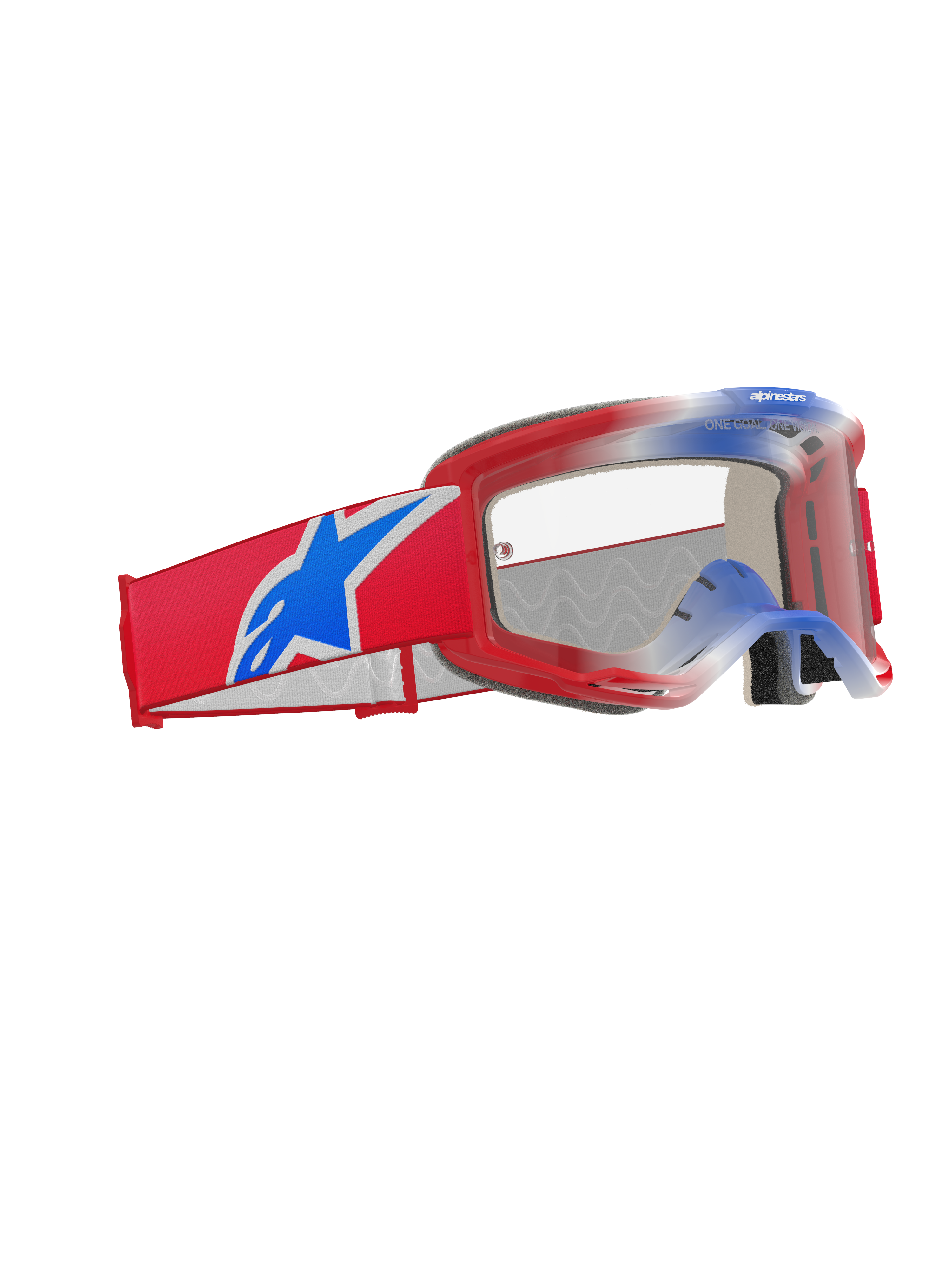 Alpinestars Vision 5 Corp Goggles, maschere da motocross, rosso, bianco e blu con lente trasparente, caratterizzate da un'ampia fascia tessuta rossa con un grande logo a stella Alpinestars blu, telaio leggero A-FLEX rosso e protezione oculare ad alte prestazioni per corse fuoristrada