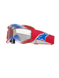 Maschere Alpinestars Vision 5 Corp, occhiali da motocross, rosso, bianco e blu, lente trasparente, montatura rossa con sfumature blu e bianche sulla parte superiore, fascia rossa con grande logo Alpinestars a stella blu e bianco, imbottitura in schiuma multistrato, occhiali da corsa ad alte prestazioni