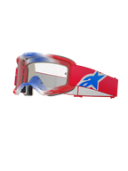 Maschere Alpinestars Vision 5 Corp, occhiali da motocross, rosso, bianco e blu, lente trasparente, montatura rossa con sfumature blu e bianche sulla parte superiore, fascia rossa con grande logo Alpinestars a stella blu e bianco, imbottitura in schiuma multistrato, occhiali da corsa ad alte prestazioni