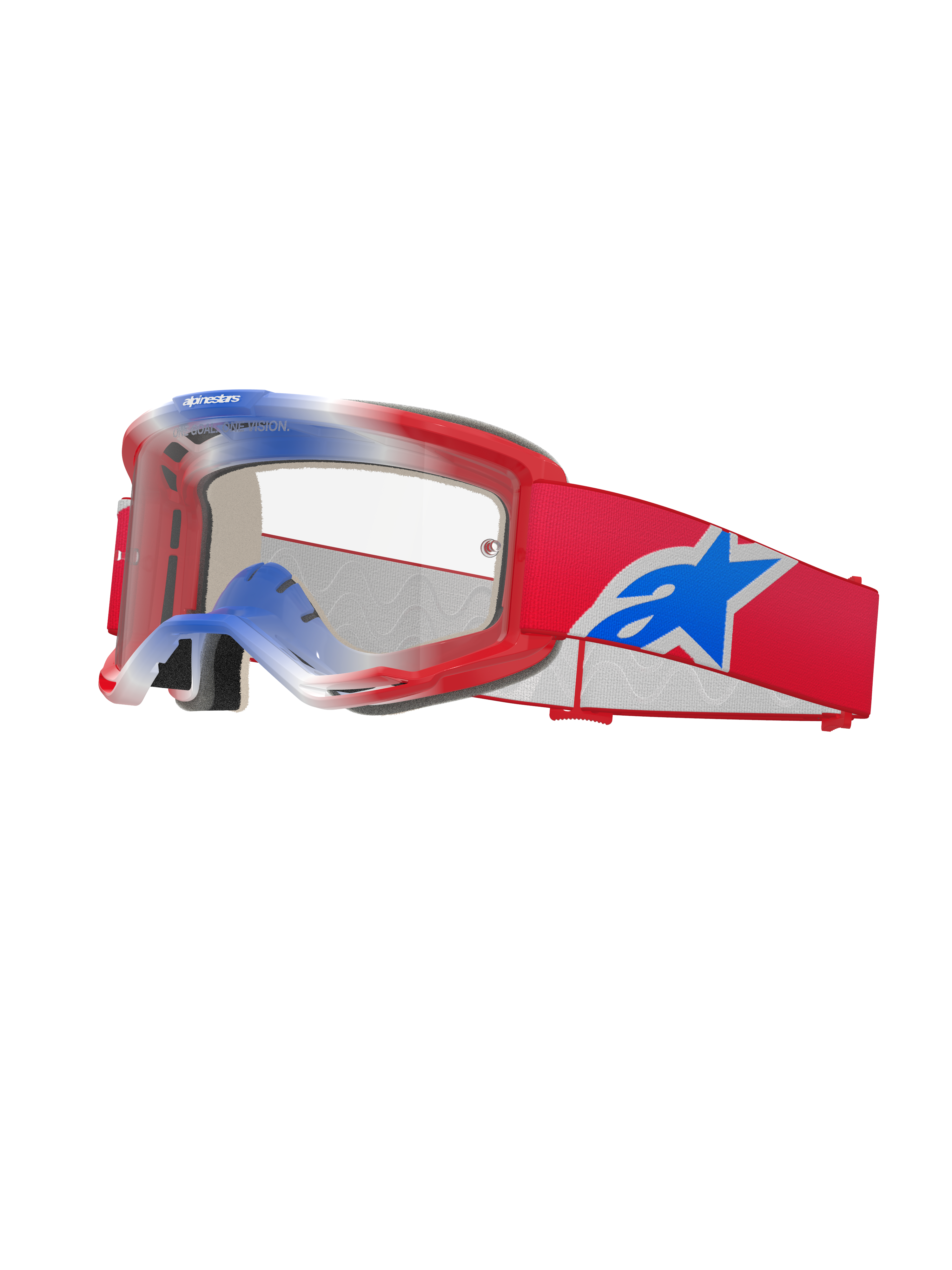 Maschere Alpinestars Vision 5 Corp, occhiali da motocross, rosso, bianco e blu, lente trasparente, montatura rossa con sfumature blu e bianche sulla parte superiore, fascia rossa con grande logo Alpinestars a stella blu e bianco, imbottitura in schiuma multistrato, occhiali da corsa ad alte prestazioni