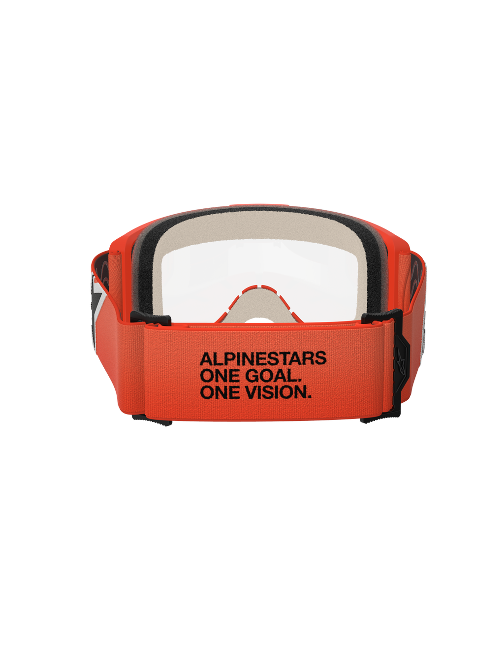 Occhiali Alpinestars Vision 5 Corp, vista posteriore, fascia arancione con testo nero 'ALPINESTARS ONE GOAL. ONE VISION.', montatura arancione e lente trasparente, protezione per gli occhi da motocross