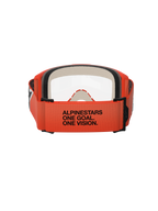 Occhiali Alpinestars Vision 5 Corp, vista posteriore, fascia arancione con testo nero 'ALPINESTARS ONE GOAL. ONE VISION.', montatura arancione e lente trasparente, protezione per gli occhi da motocross