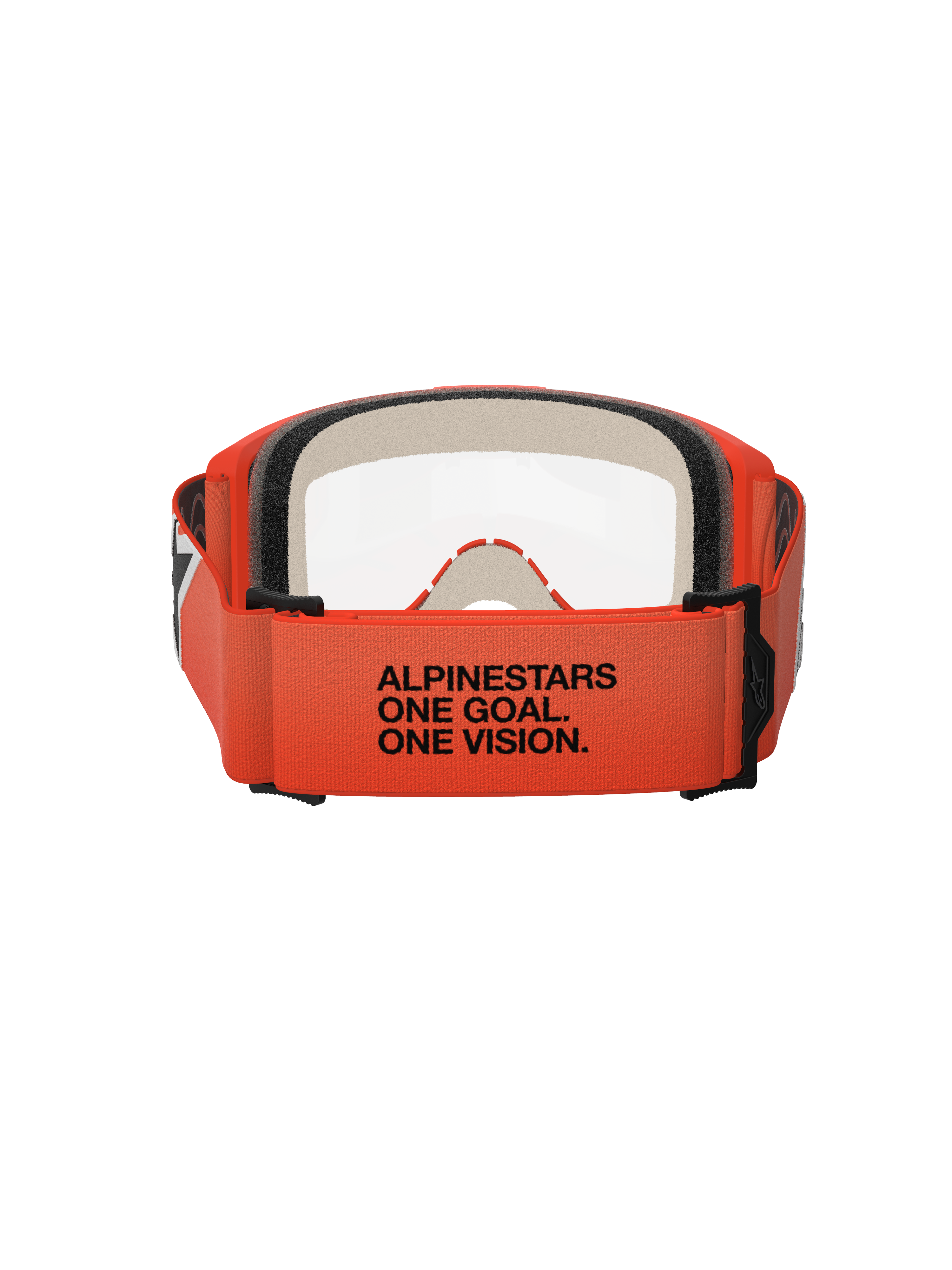 Occhiali Alpinestars Vision 5 Corp, vista posteriore, fascia arancione con testo nero 'ALPINESTARS ONE GOAL. ONE VISION.', montatura arancione e lente trasparente, protezione per gli occhi da motocross