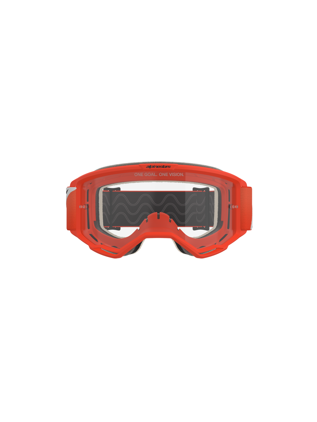 Occhiali Alpinestars Vision 5 Corp, occhiali da motocross, arancione con lente trasparente, vista frontale con montatura arancione vivace, lente trasparente antiappannamento con branding 'One Goal. One Vision', schiuma facciale grigia e fascia nera con trazione in silicone ondulata.
