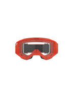 Occhiali Alpinestars Vision 5 Corp, occhiali da motocross, arancione con lente trasparente, vista frontale con montatura arancione vivace, lente trasparente antiappannamento con branding 'One Goal. One Vision', schiuma facciale grigia e fascia nera con trazione in silicone ondulata.