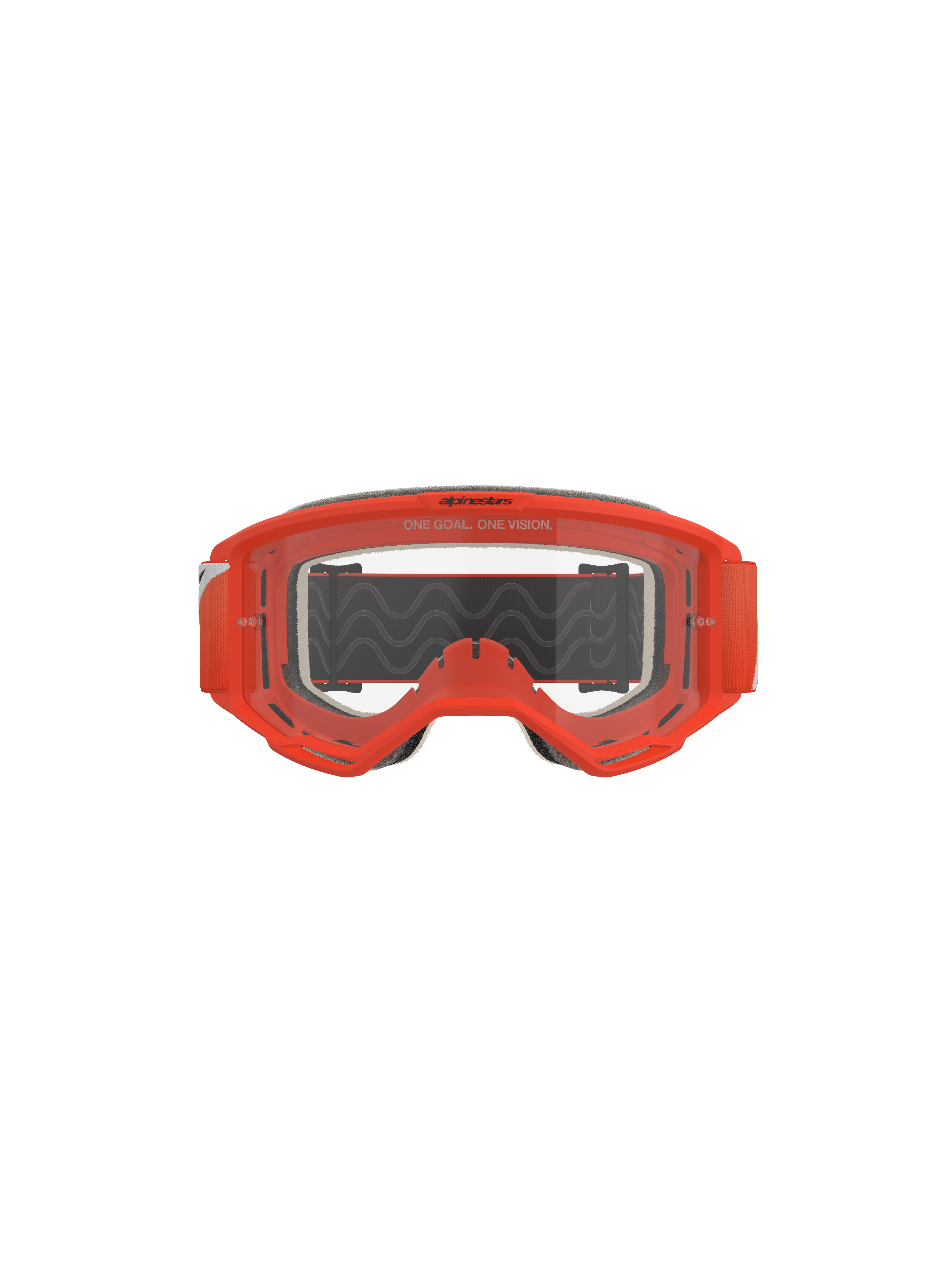 Occhiali Alpinestars Vision 5 Corp, occhiali da motocross, arancione con lente trasparente, vista frontale con montatura arancione vivace, lente trasparente antiappannamento con branding 'One Goal. One Vision', schiuma facciale grigia e fascia nera con trazione in silicone ondulata.