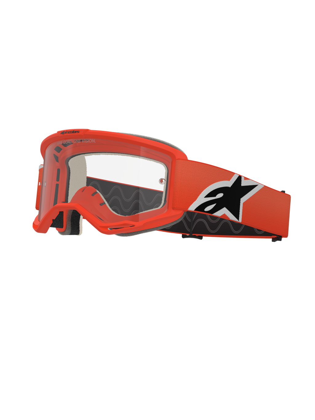 Alpinestars Vision 5 Corp Goggles, occhiali da motocross, arancione brillante, lente trasparente, cinturino arancione con logo Alpinestars bianco e nero, spessa imbottitura nera, fessure di ventilazione RAM-AIR, design aerodinamico per gare fuoristrada