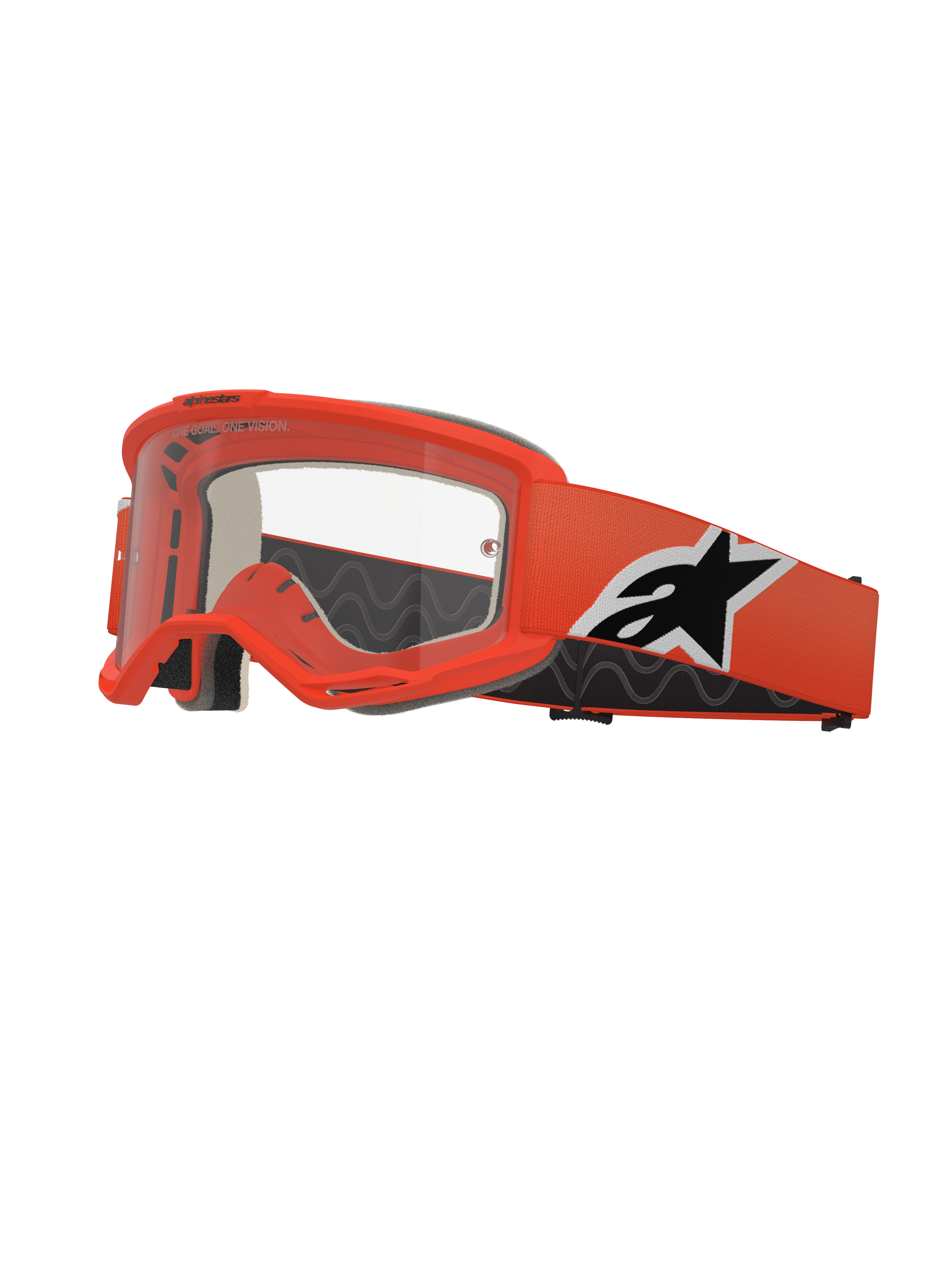 Alpinestars Vision 5 Corp Goggles, occhiali da motocross, arancione brillante, lente trasparente, cinturino arancione con logo Alpinestars bianco e nero, spessa imbottitura nera, fessure di ventilazione RAM-AIR, design aerodinamico per gare fuoristrada