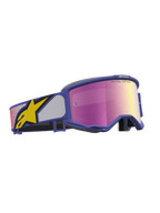 Alpinestars Maschere Vision 5 Drag, maschere da motocross racing, lenti a specchio viola e rosa, montatura A-FLEX viola e fascia con logo a stella giallo.