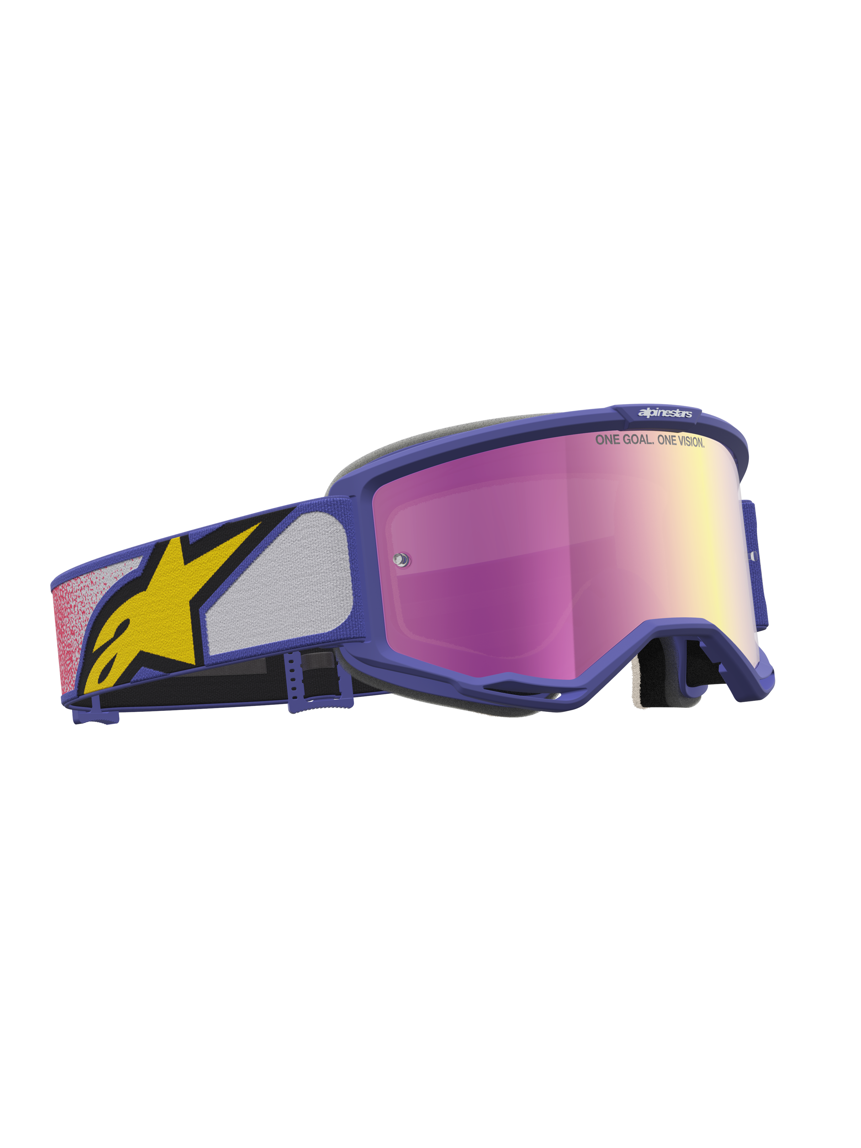 Alpinestars Maschere Vision 5 Drag, maschere da motocross racing, lenti a specchio viola e rosa, montatura A-FLEX viola e fascia con logo a stella giallo.