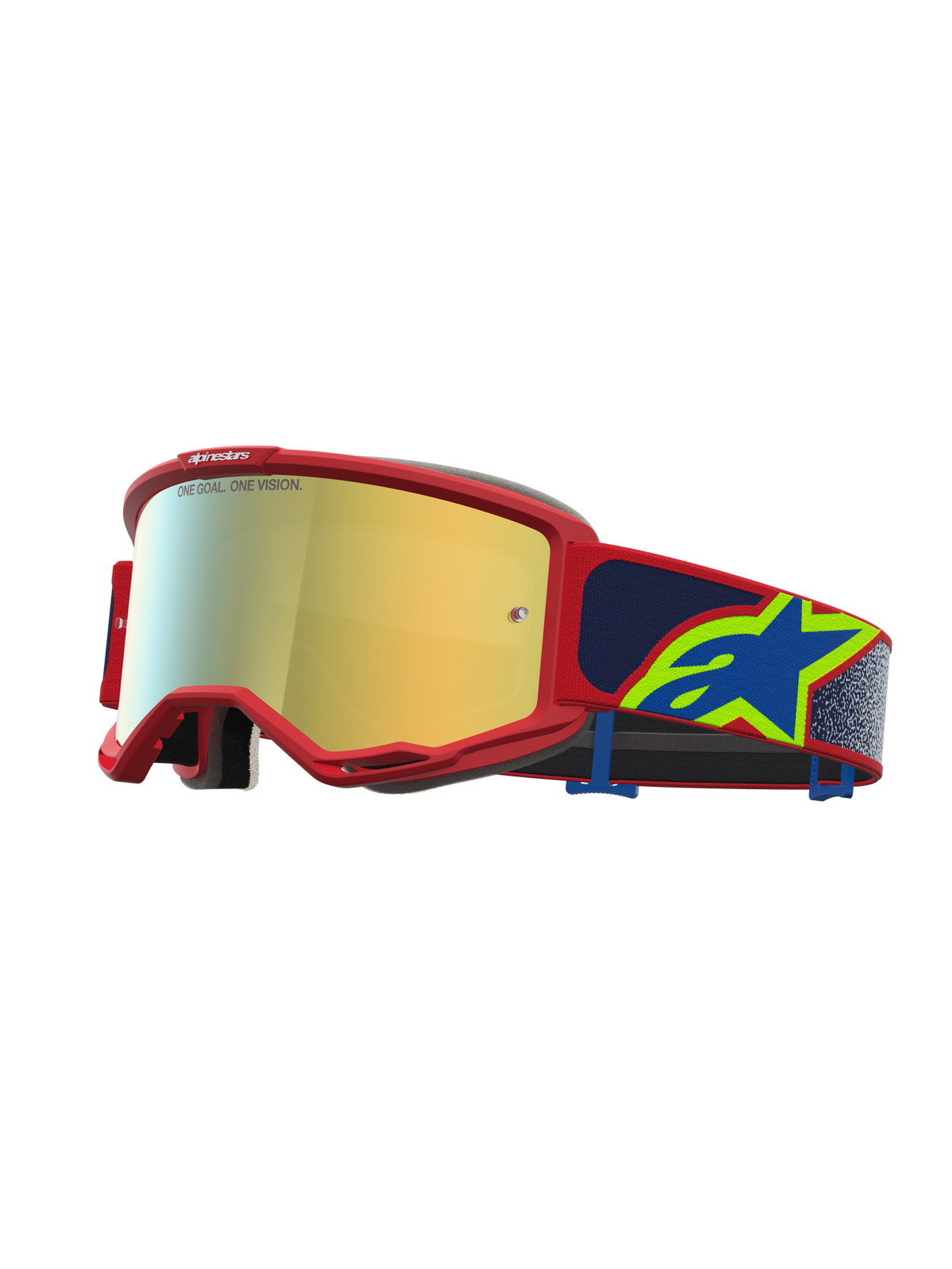 Alpinestars Maschere Vision 5 Drag, maschere da motocross racing, montatura rossa con lente a specchio dorata, fascia blu con logo a stella giallo, protezione fuoristrada