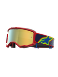 Alpinestars Maschere Vision 5 Drag, maschere da motocross racing, montatura rossa con lente a specchio dorata, fascia blu con logo a stella giallo, protezione fuoristrada
