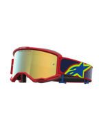 Alpinestars Maschere Vision 5 Drag, maschere da motocross racing, montatura rossa con lente a specchio dorata, fascia blu con logo a stella giallo, protezione fuoristrada