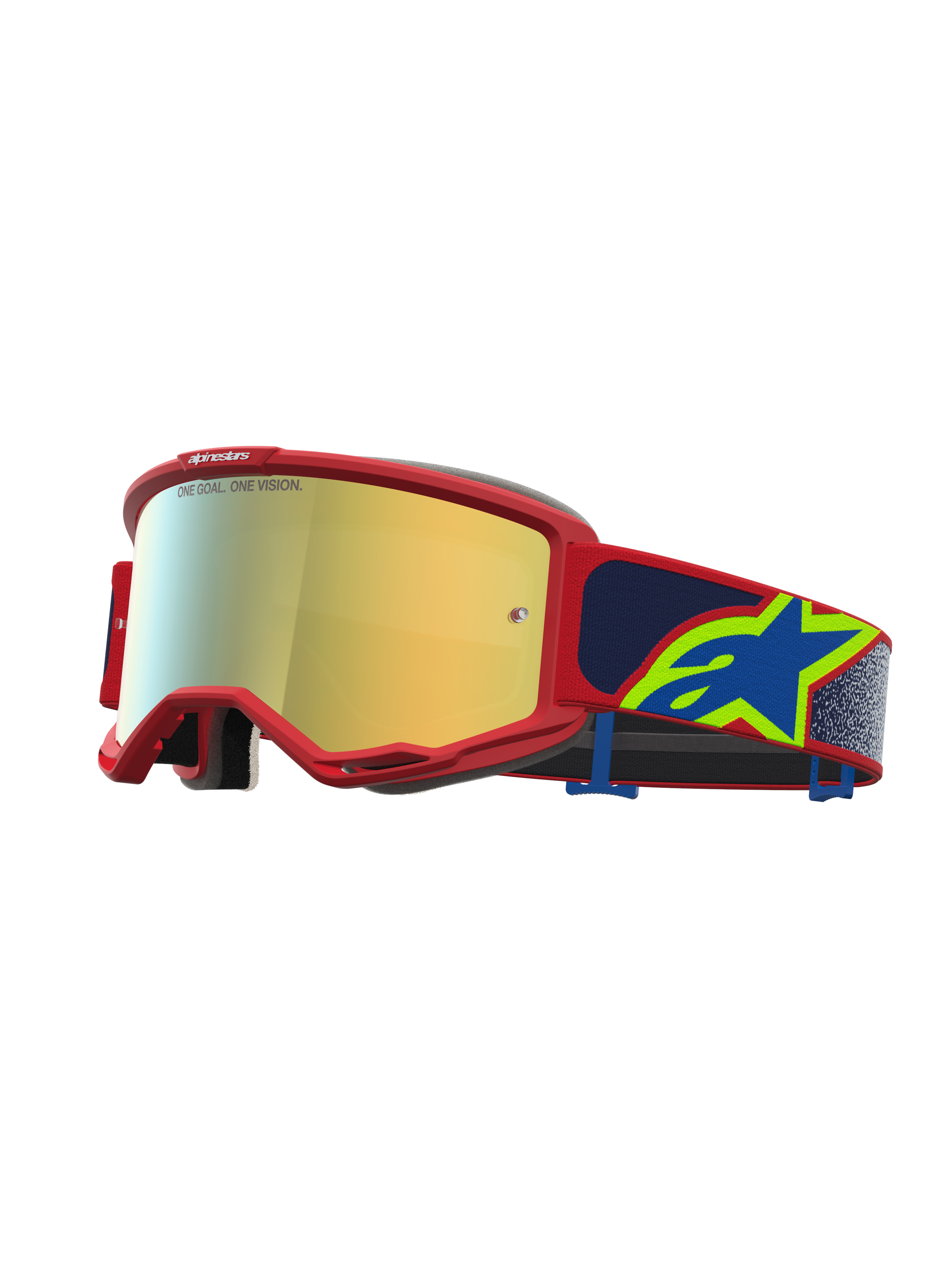 Alpinestars Maschere Vision 5 Drag, maschere da motocross racing, montatura rossa con lente a specchio dorata, fascia blu con logo a stella giallo, protezione fuoristrada
