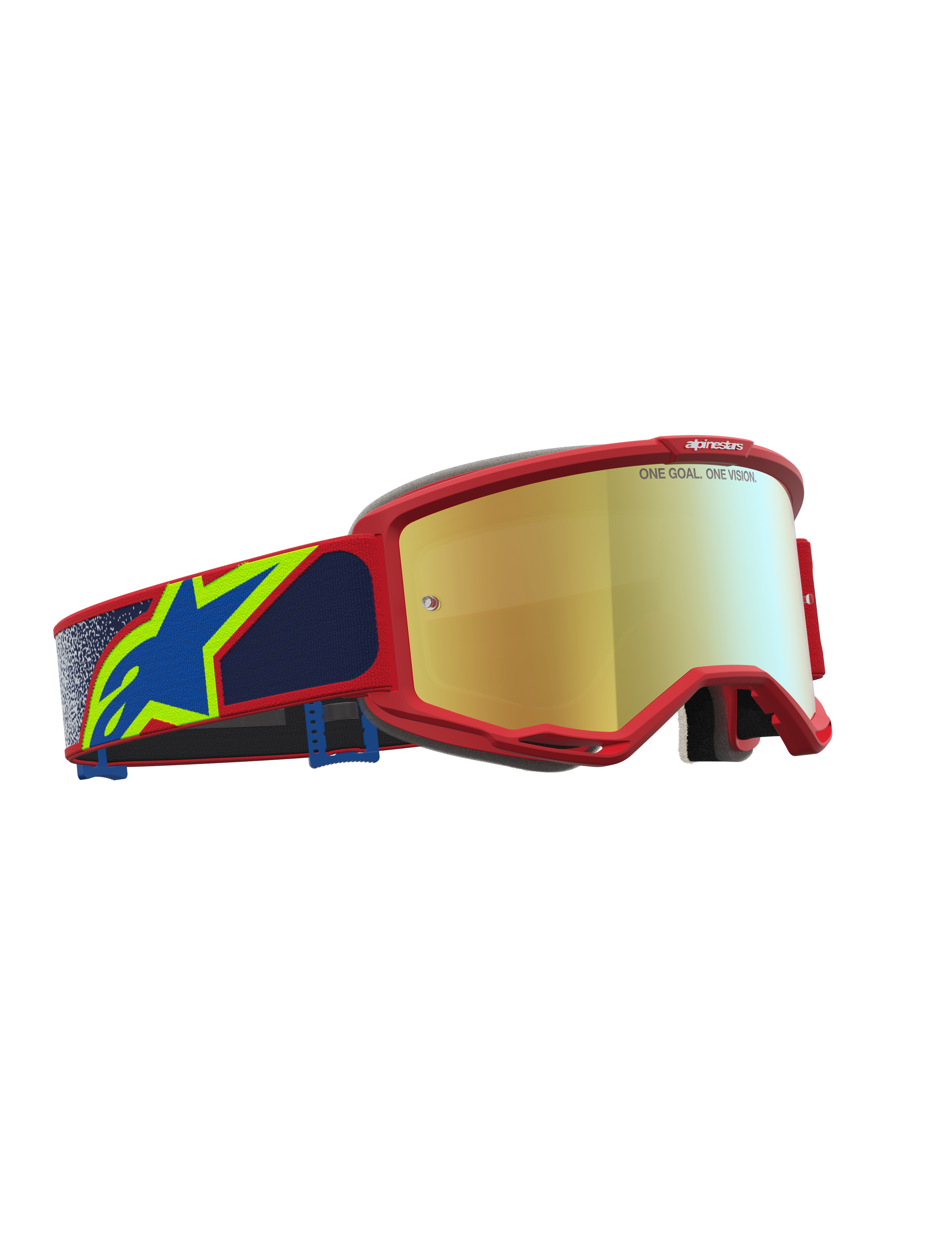 Alpinestars Maschere Vision 5 Drag, maschere da motocross, rosso e oro, montatura in uretano A-FLEX, lente a specchio oro e fascia blu, ventilazione RAM-AIR, protezione fuoristrada.
